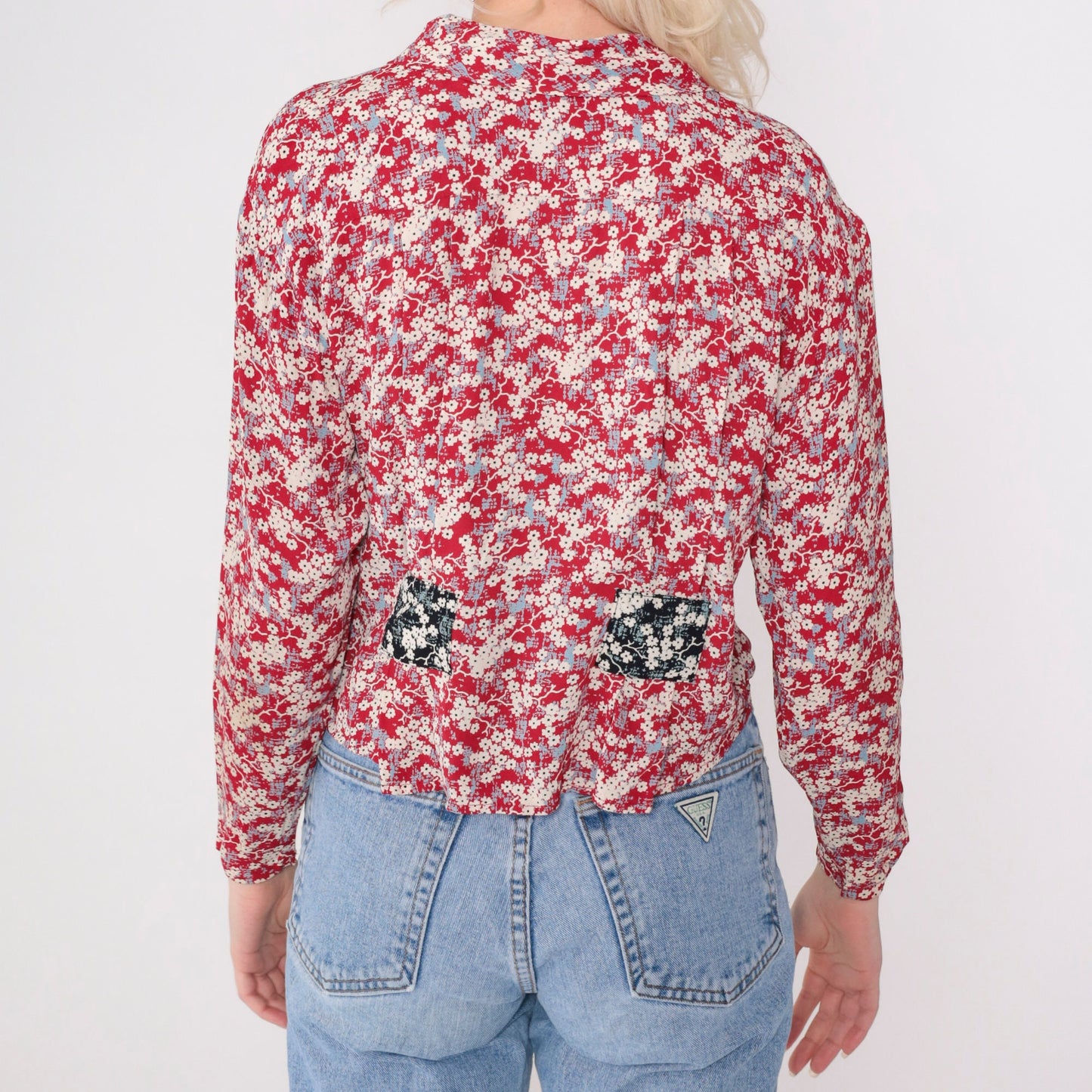 90s Red Floral Cherry Blossom Button-Up Blouse Long Sleeve Collared Small
