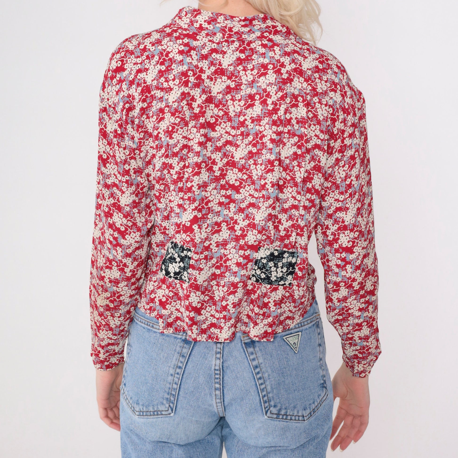 90s Red Floral Cherry Blossom Button-Up Blouse Long Sleeve Collared Small