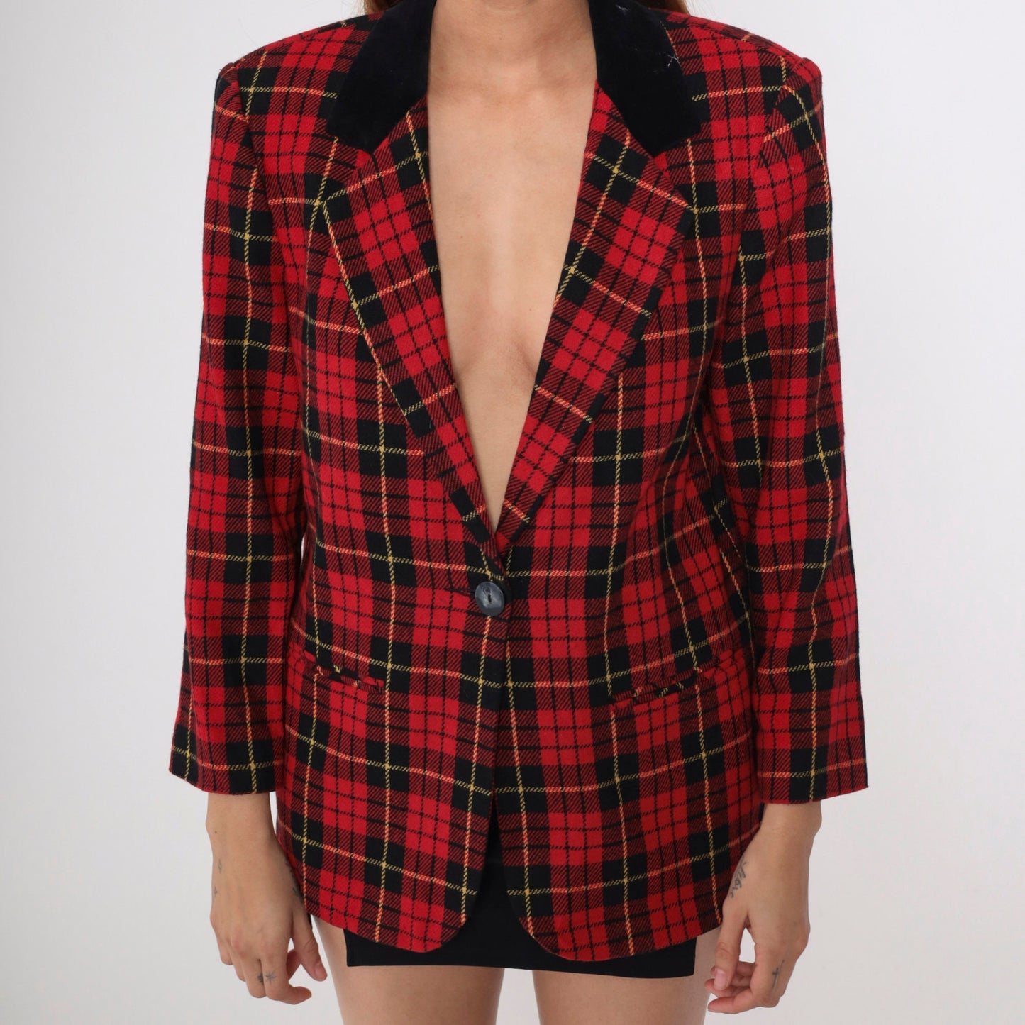 90s Red Plaid Wool Blazer Black Velvet Collar Button-Up Jacket Medium Petite