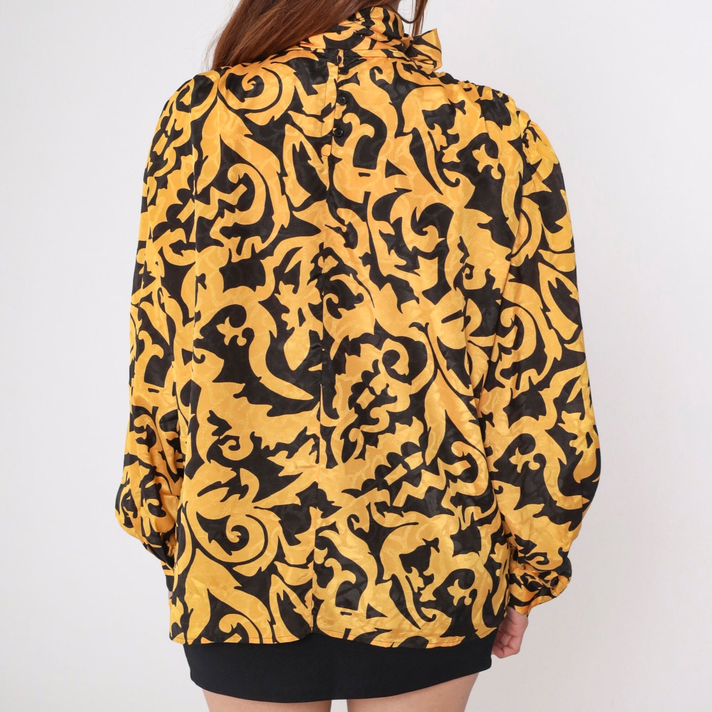 90s Anne Klein Baroque Blouse Puff Sleeve Ascot Neckline Black Gold Large 14
