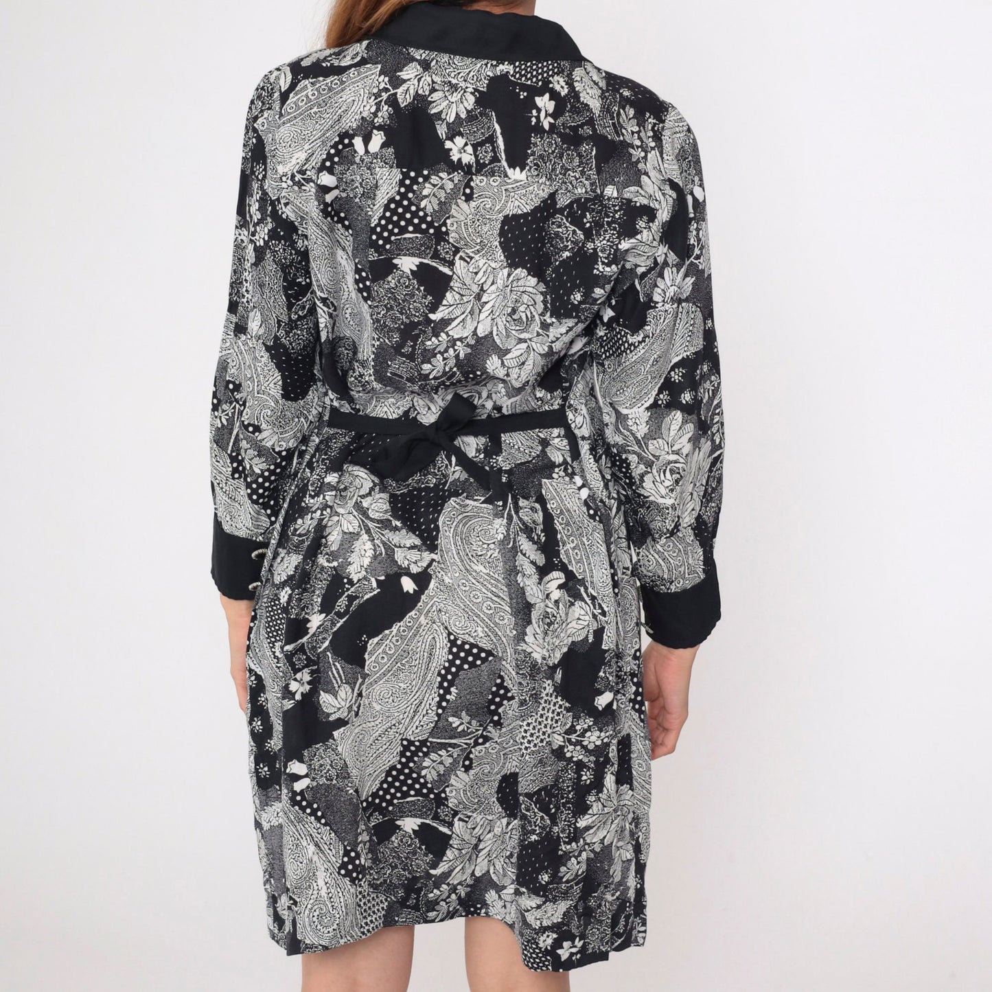 90s Patchwork Paisley Floral Mini Dress Black White Button Up Long Sleeve Medium