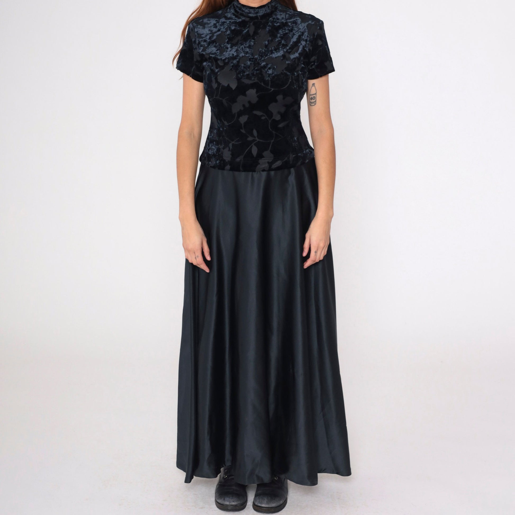 90s Black Velvet Burnout Maxi Dress Leaf Print Mock Neck Drop Waist Small 6
