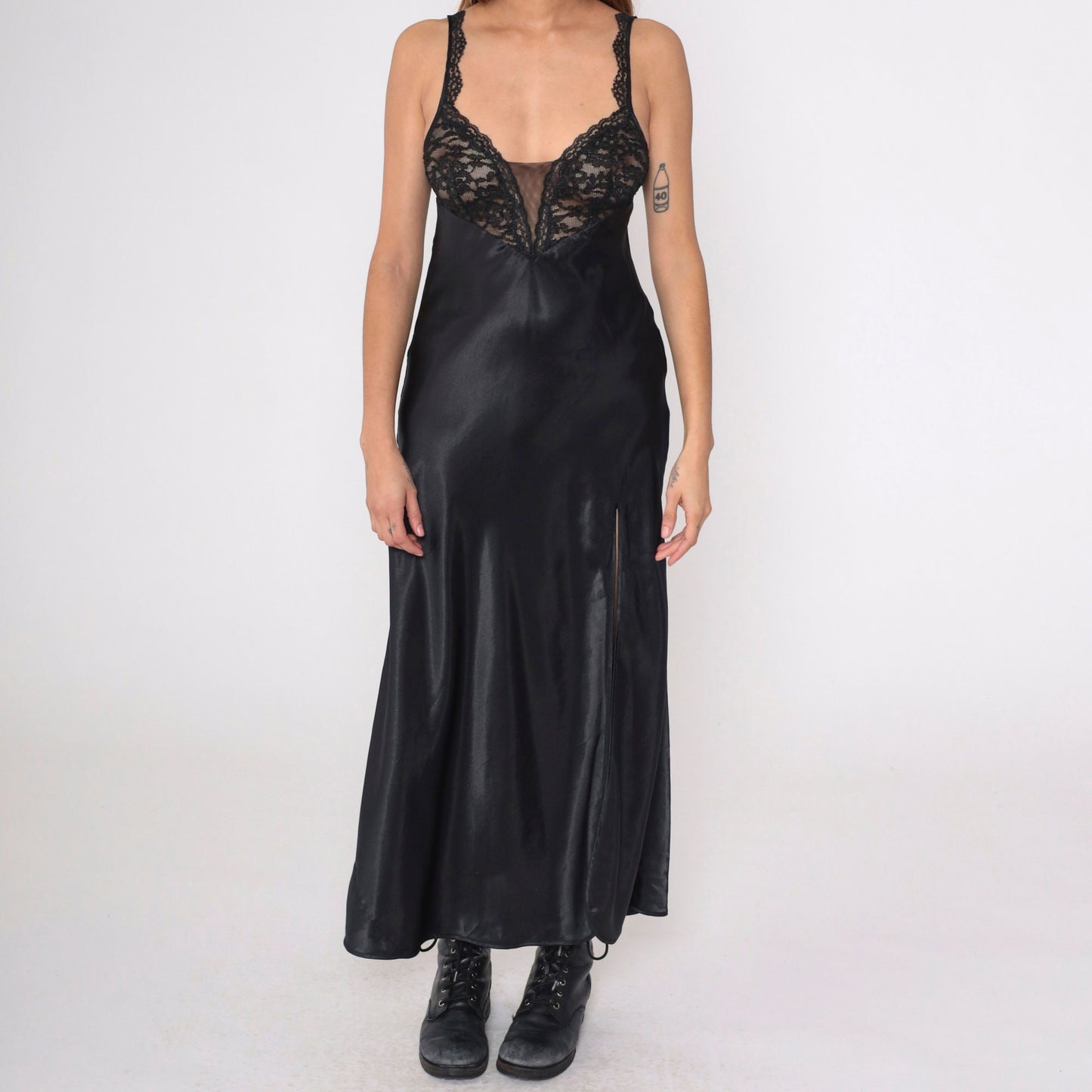 Y2K Victoria's Secret Black Satin Lace Slip Dress Maxi Deep V Sheer Small