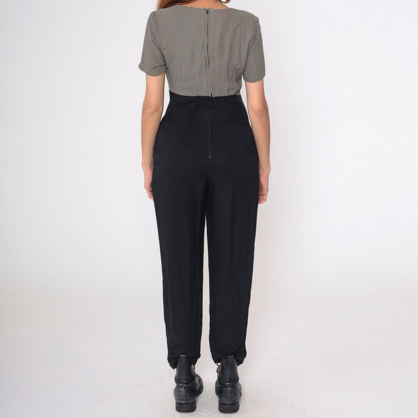 90s Black Pinstripe Jumpsuit Scoop Neck Tapered Pants Pockets Medium 8