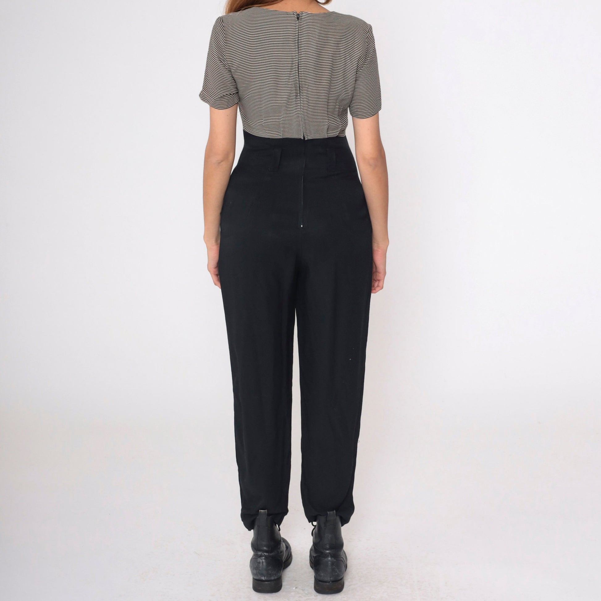 90s Black Pinstripe Jumpsuit Scoop Neck Tapered Pants Pockets Medium 8
