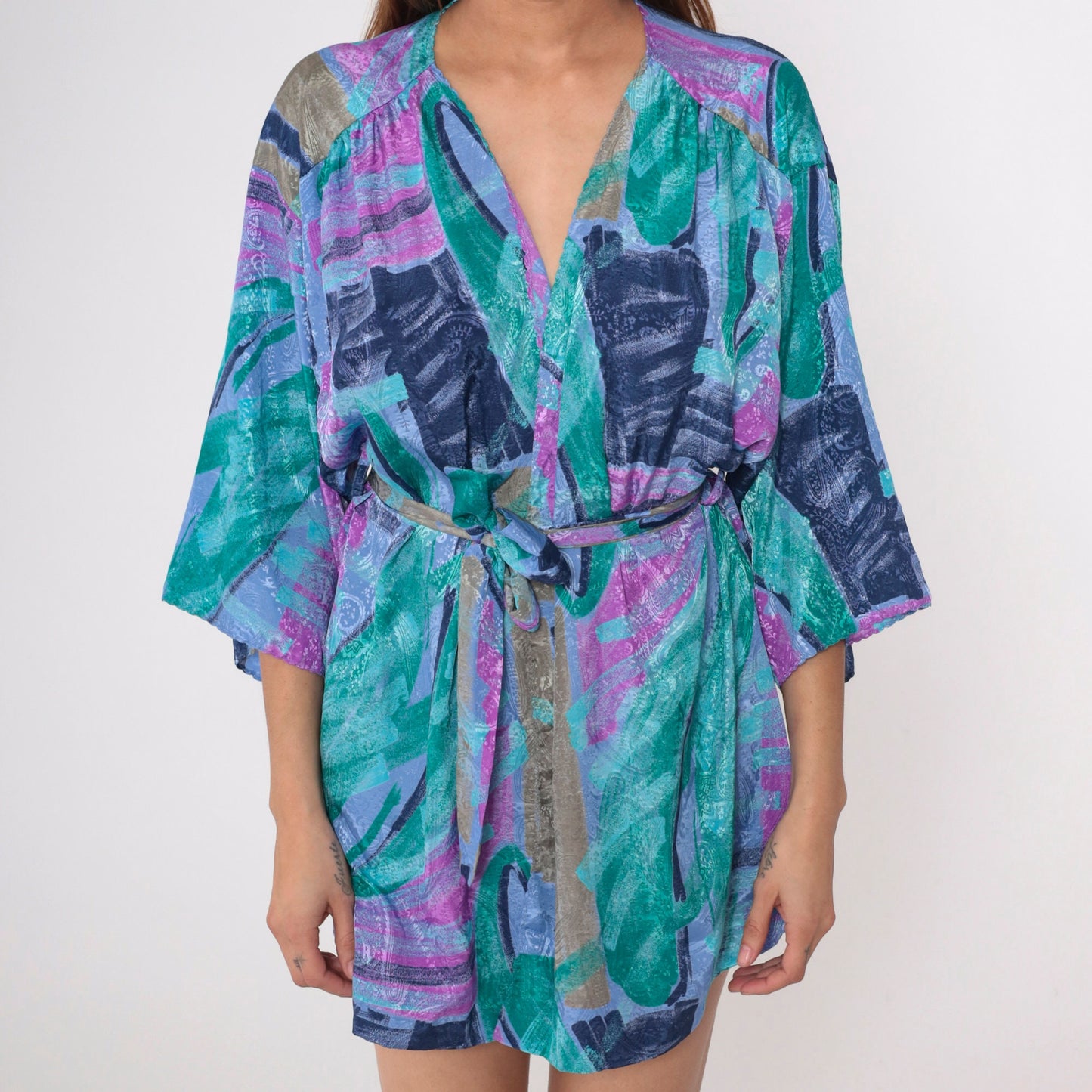90s Brushstroke Paisley Kimono Robe Mini Purple Blue Small