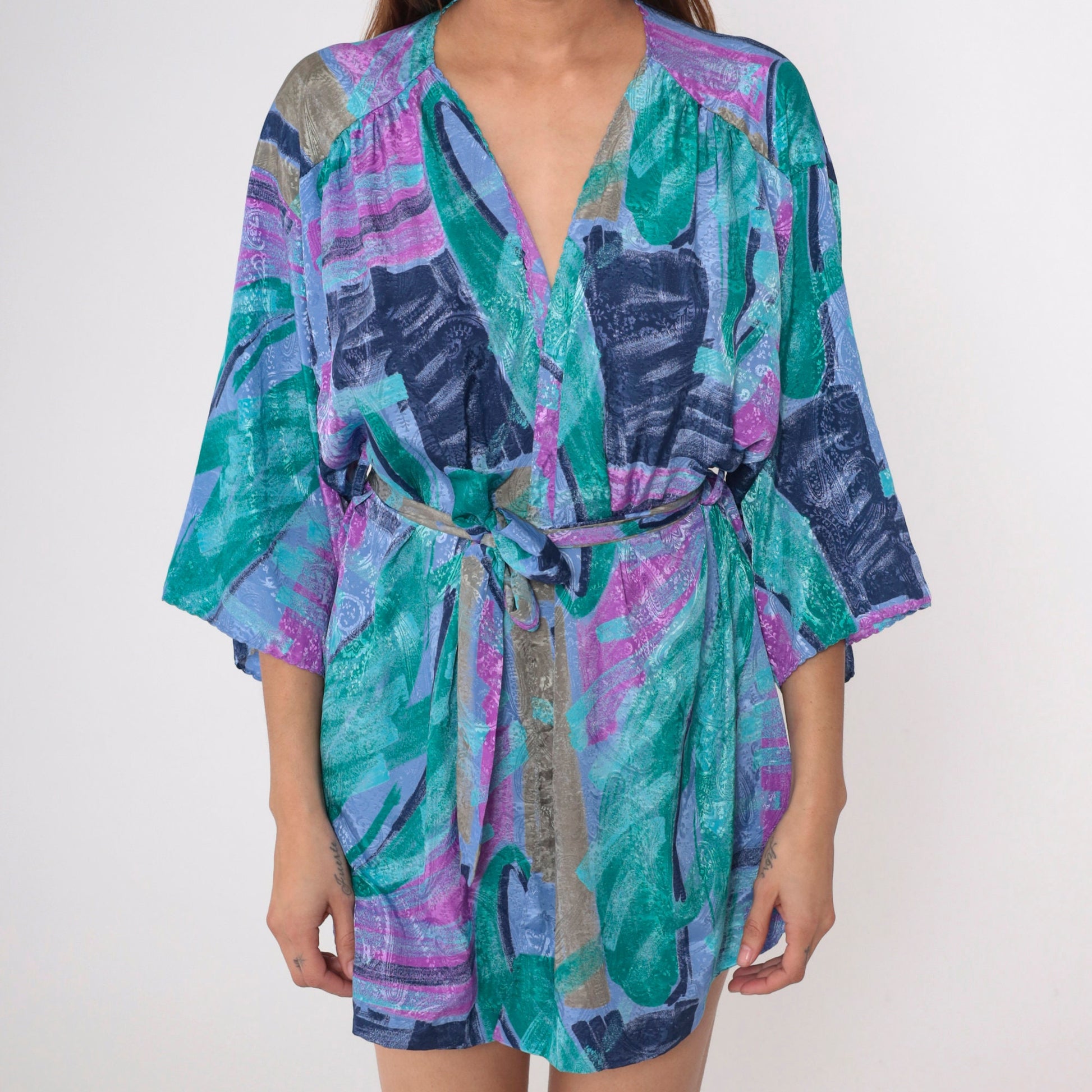 90s Brushstroke Paisley Kimono Robe Mini Purple Blue Small