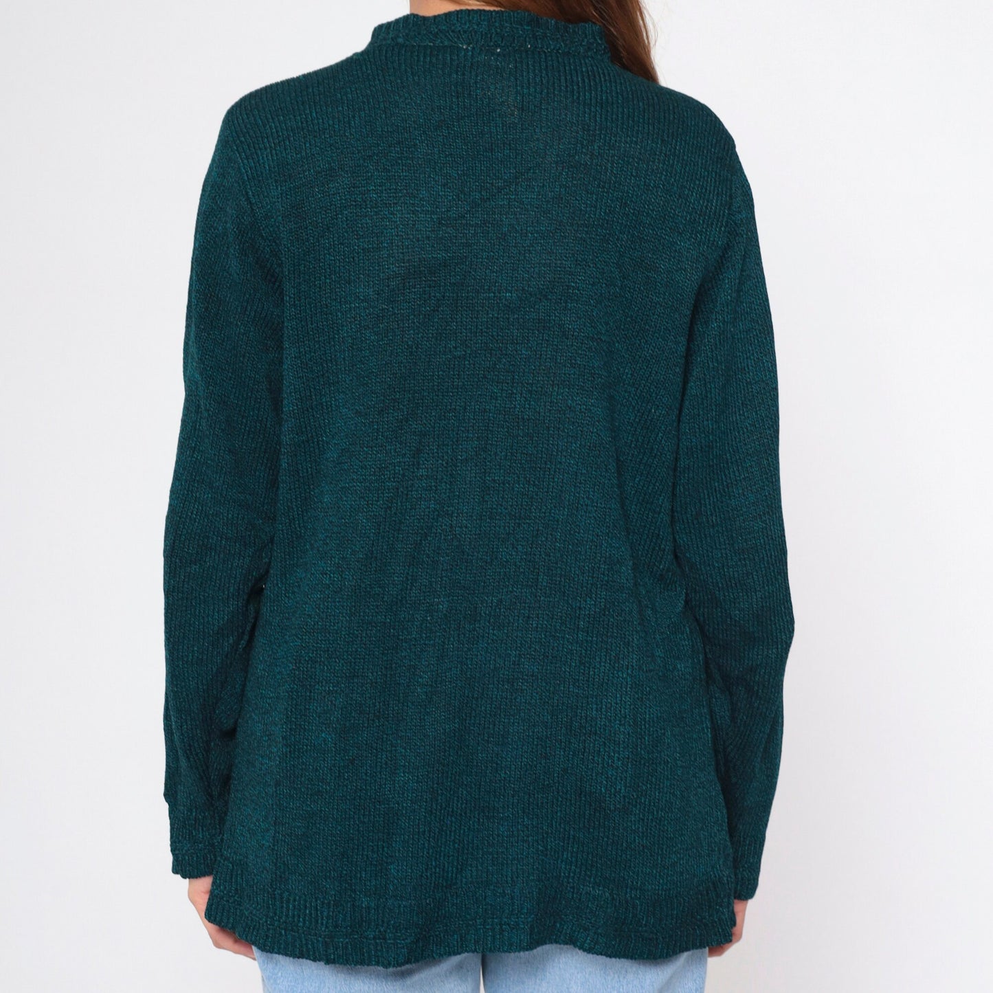 90s Beaded Floral Cardigan Blue Black Pearl Button-Up Knit Large L