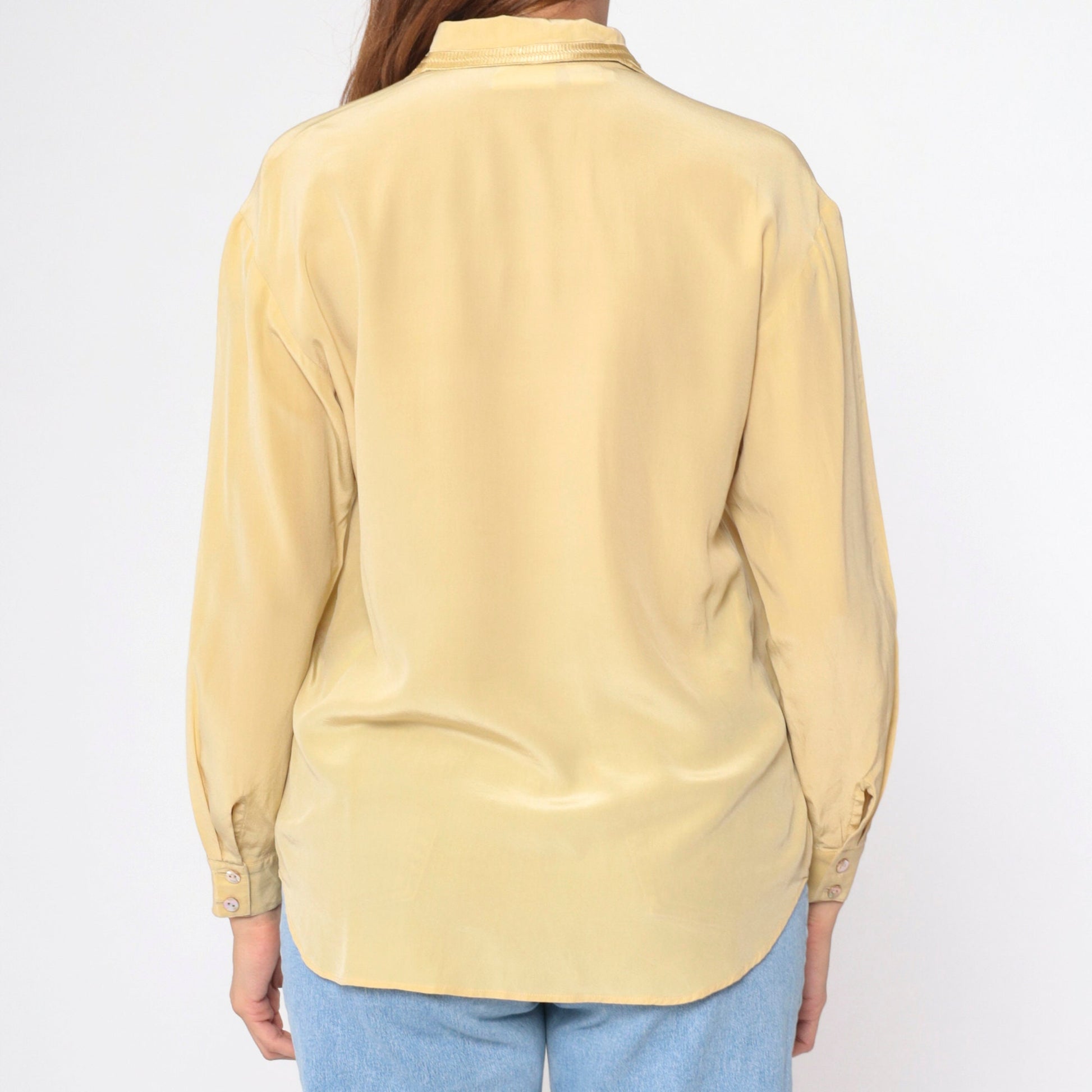 90s Rafaella Silk Cutwork Blouse Yellow Long Sleeve Hidden Button Small