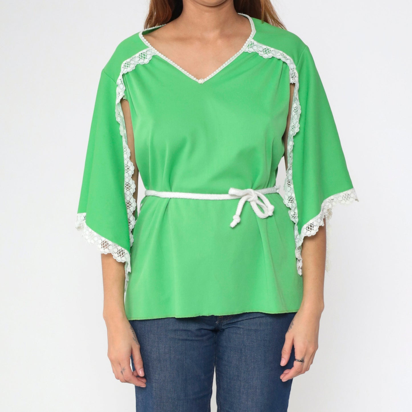 70s Lime Green Angel Sleeve Blouse White Lace Trim Drawstring Medium M