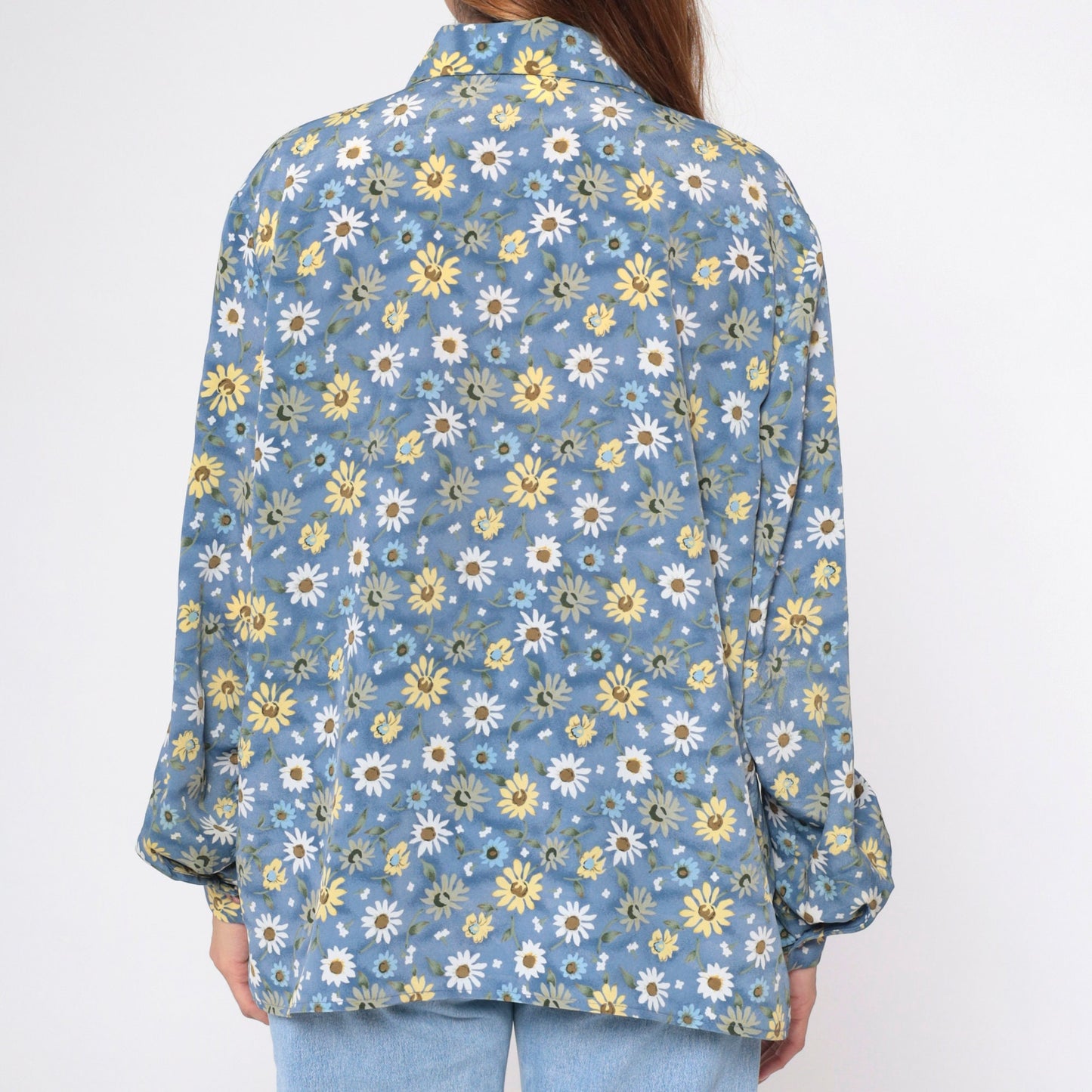 90s Blue Floral Button-Up Blouse Long Sleeve Collared Shirt Extra Large XL