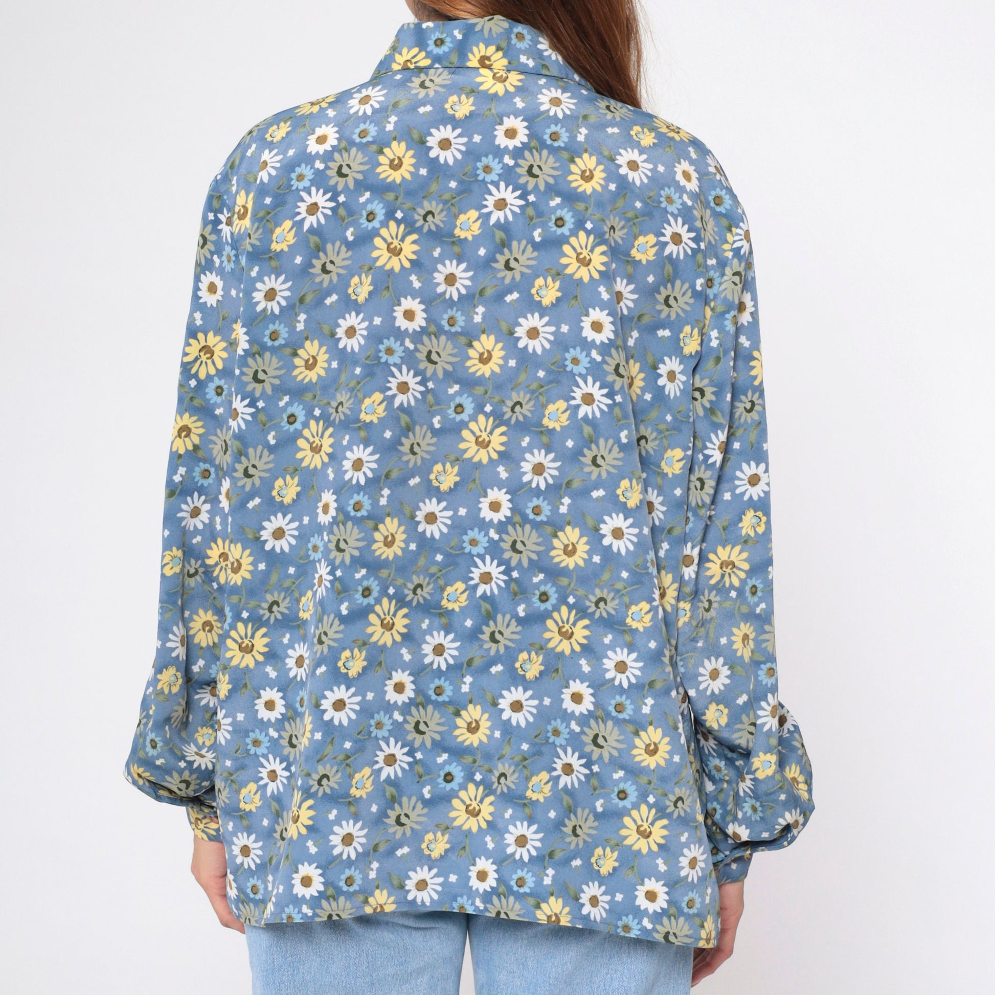 90s Blue Floral Button-Up Blouse Long Sleeve Collared Shirt Extra Large XL