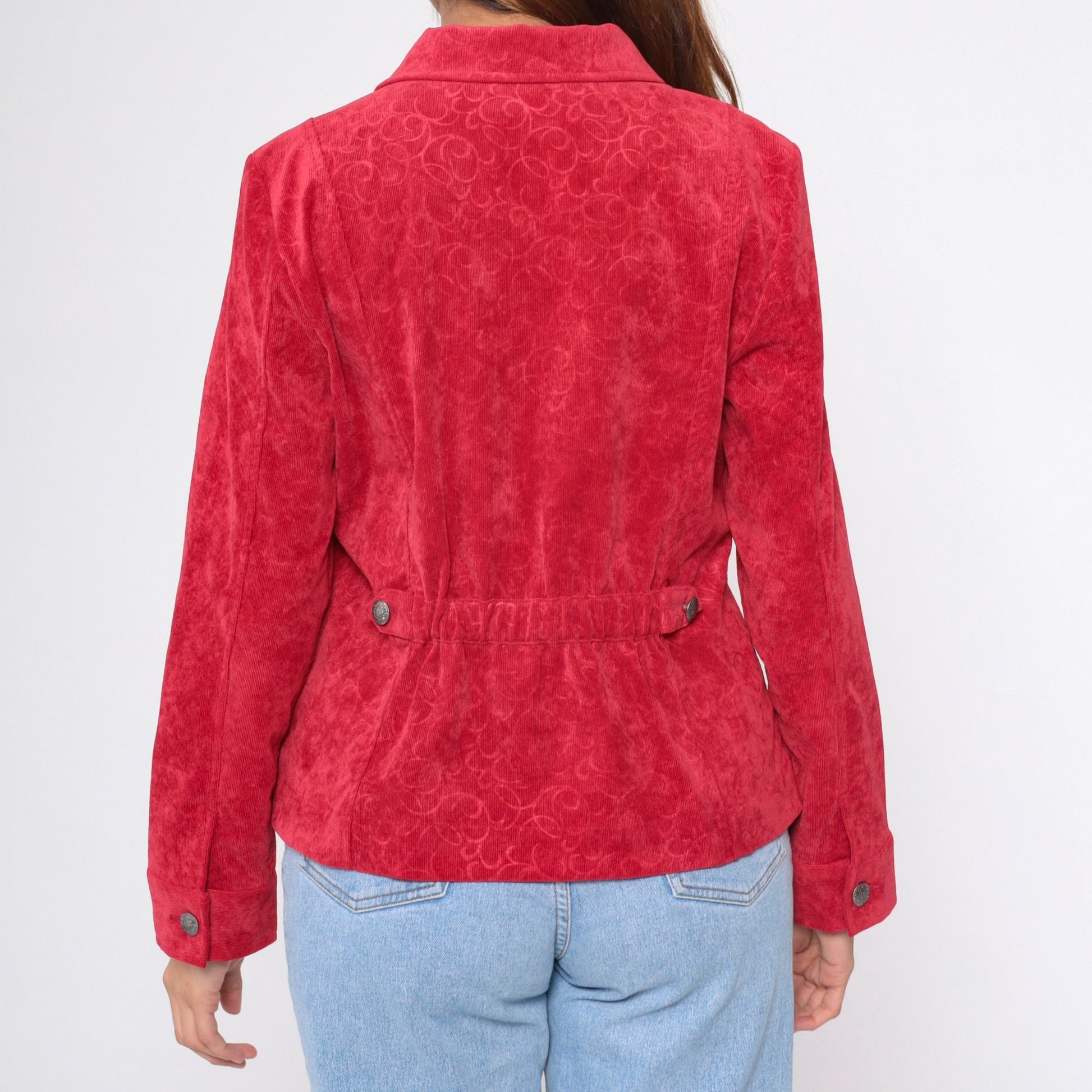 90s Red Corduroy Jacket Baroque Scroll Zip-Up Medium