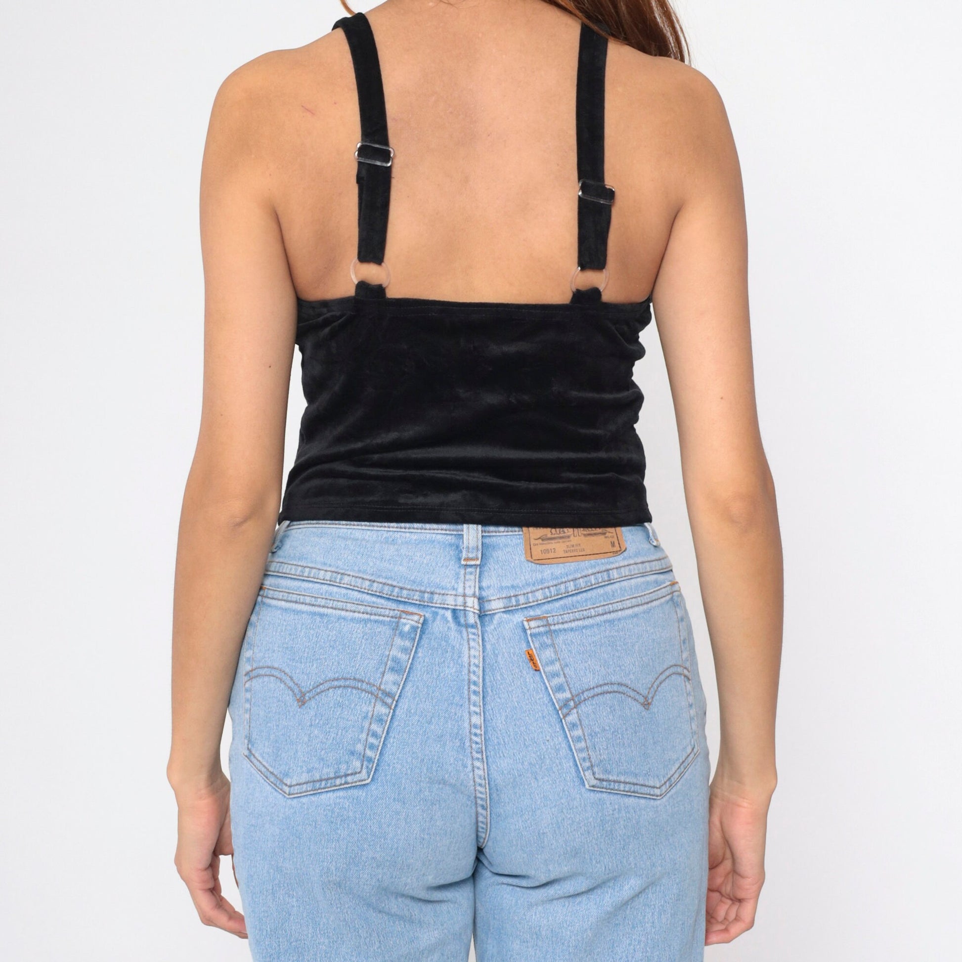 90s Black Velvet Stretch Tank Top Bustier Sleeveless Blouse Extra Small