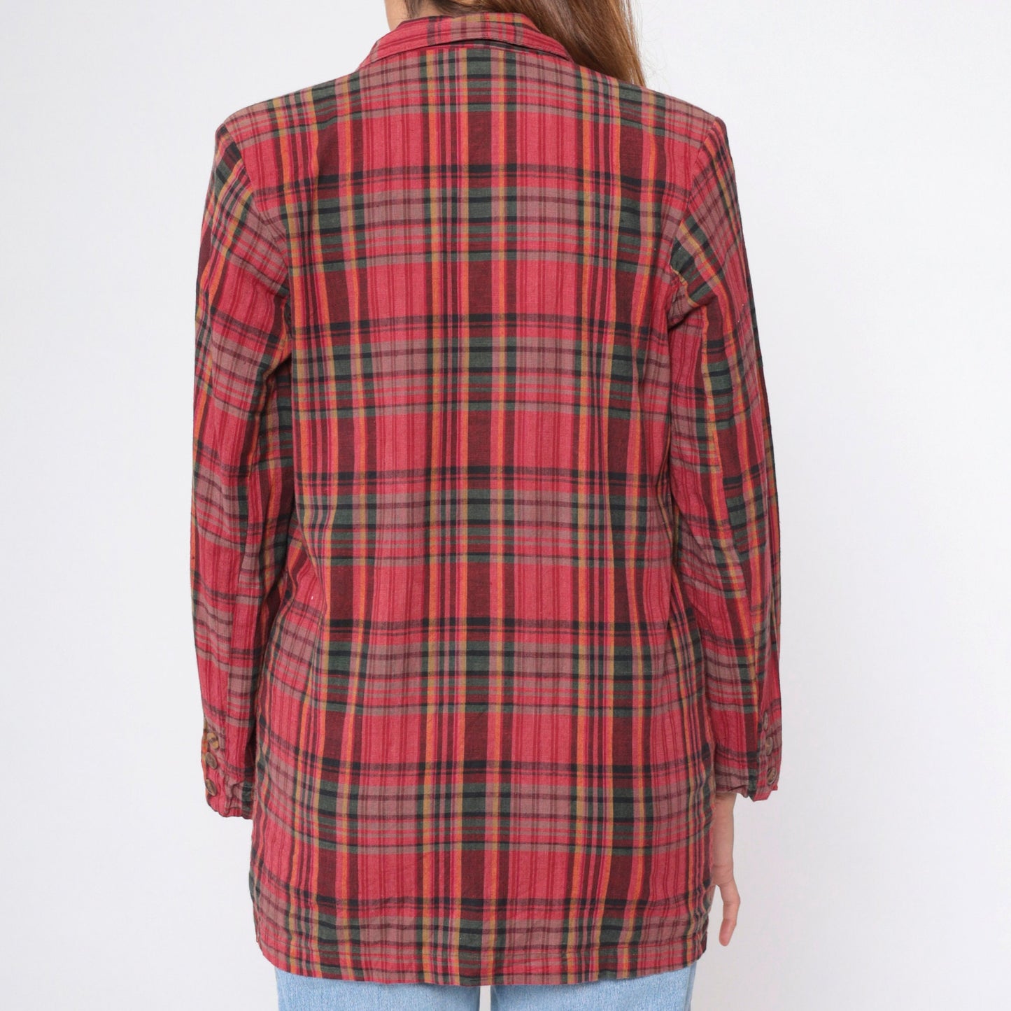 90s Red Plaid Cotton Blazer Deep V Neck Button Up Small