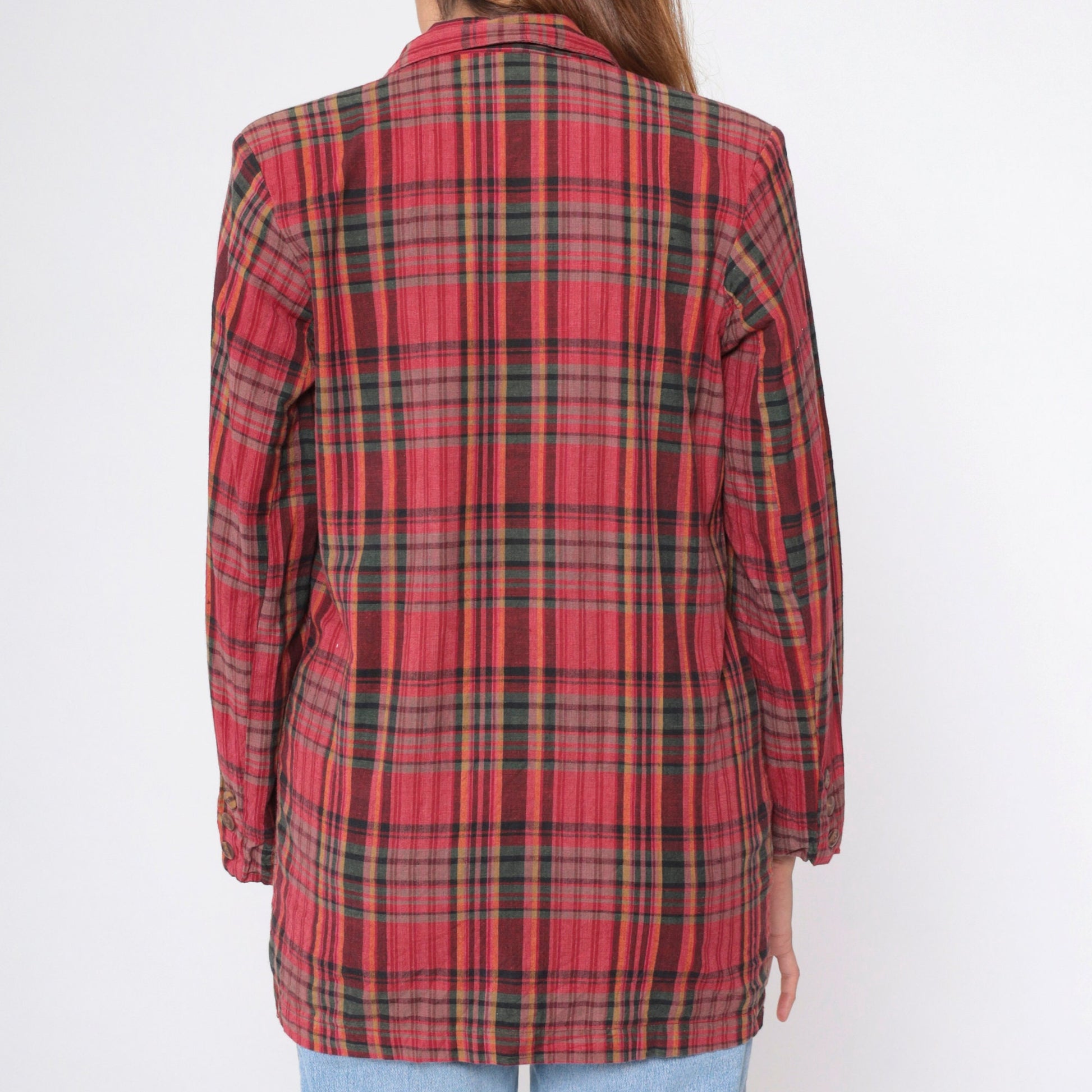 90s Red Plaid Cotton Blazer Deep V Neck Button Up Small
