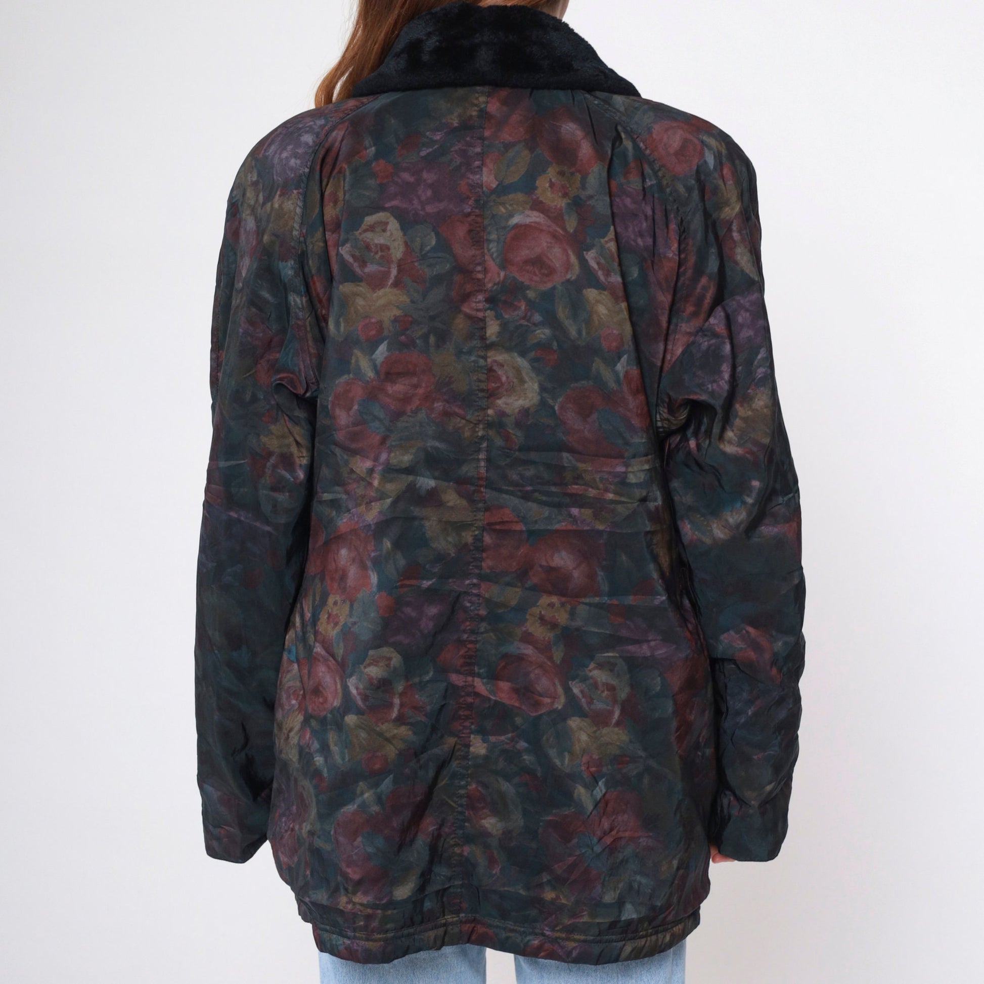 90s Aeros Puffer Jacket Floral Print Faux Fur Collar Windbreaker Large L