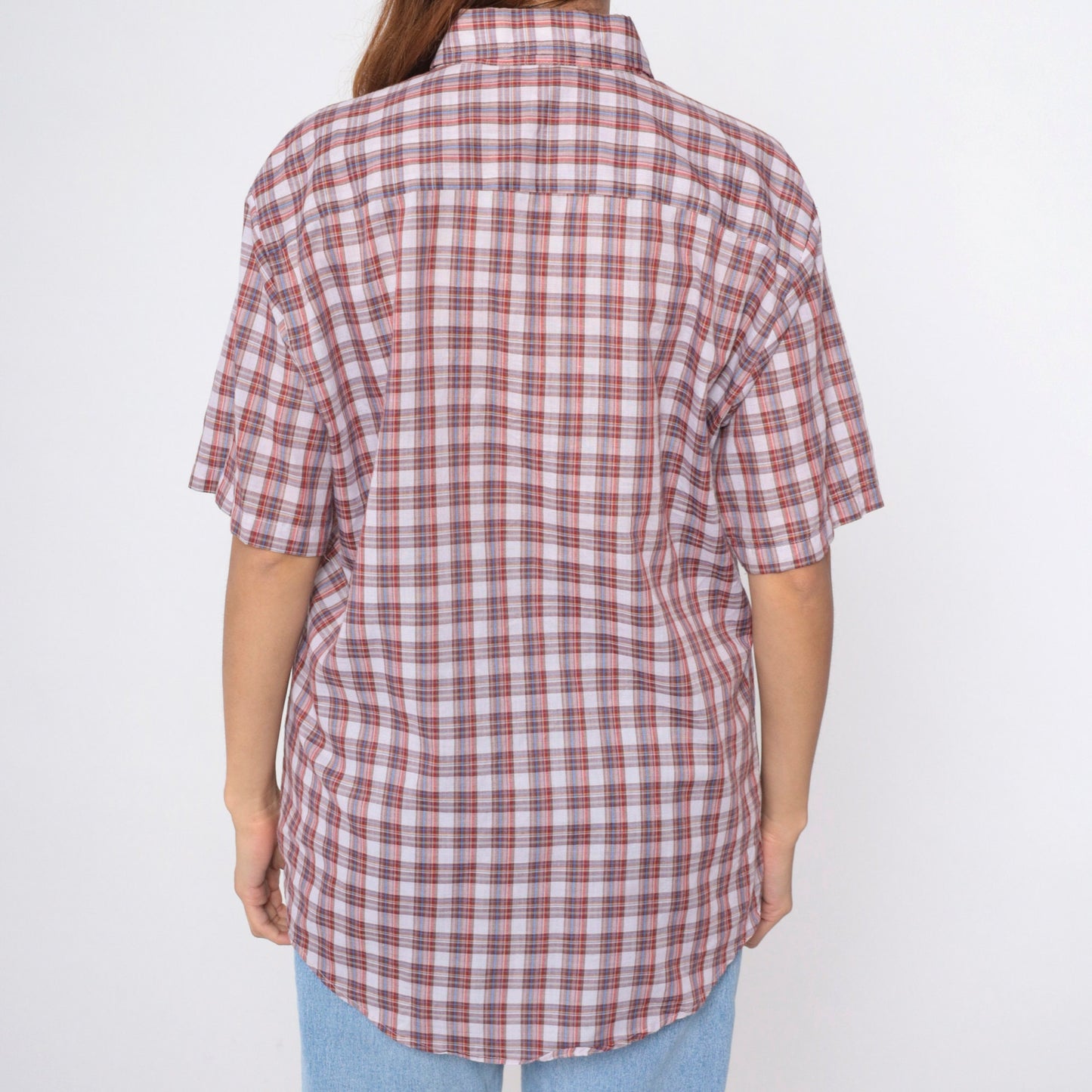80s Grand Banks Plaid Button-Up Shirt Red White Brown Tartan Short Sleeve Large