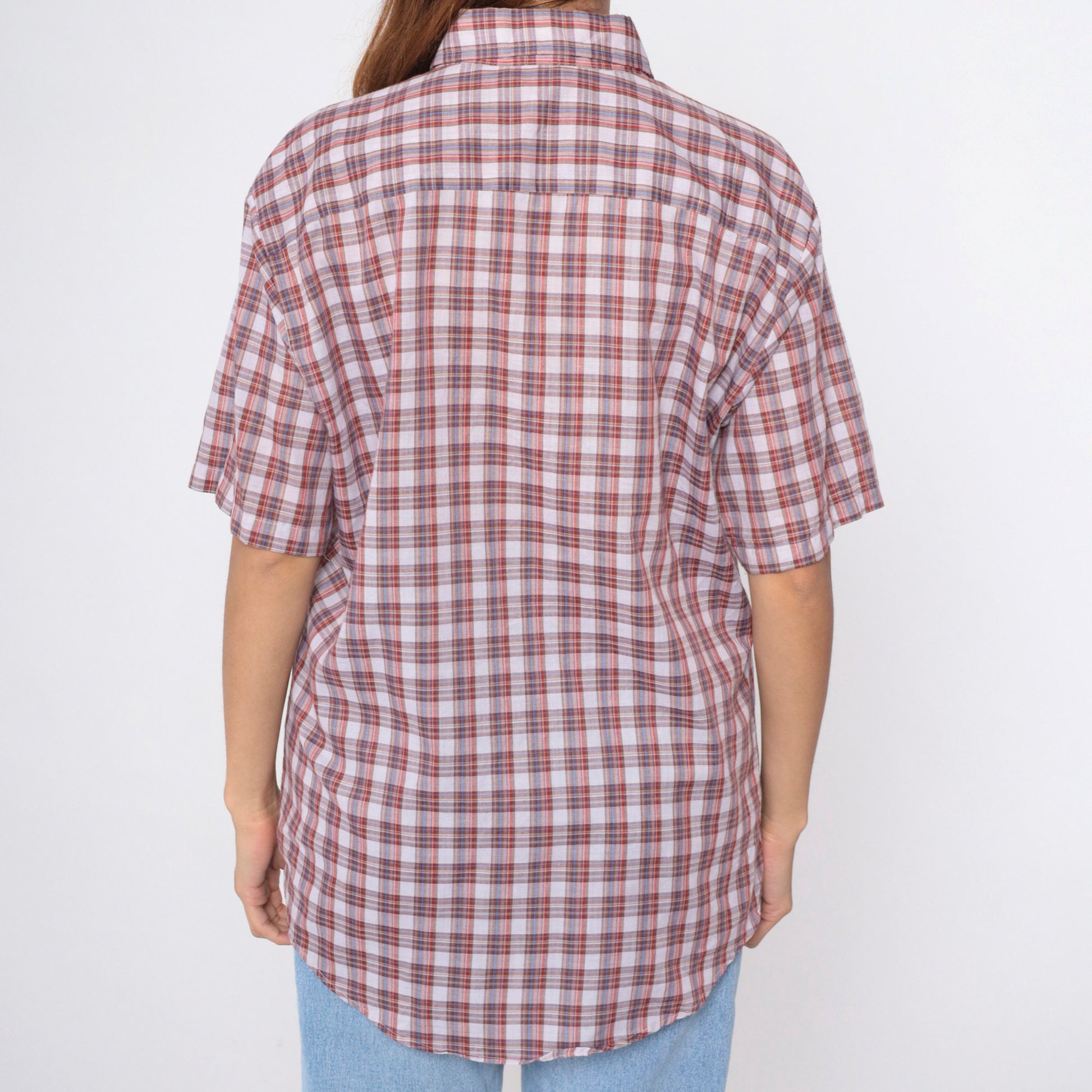 80s Grand Banks Plaid Button-Up Shirt Red White Brown Tartan Short Sleeve Large