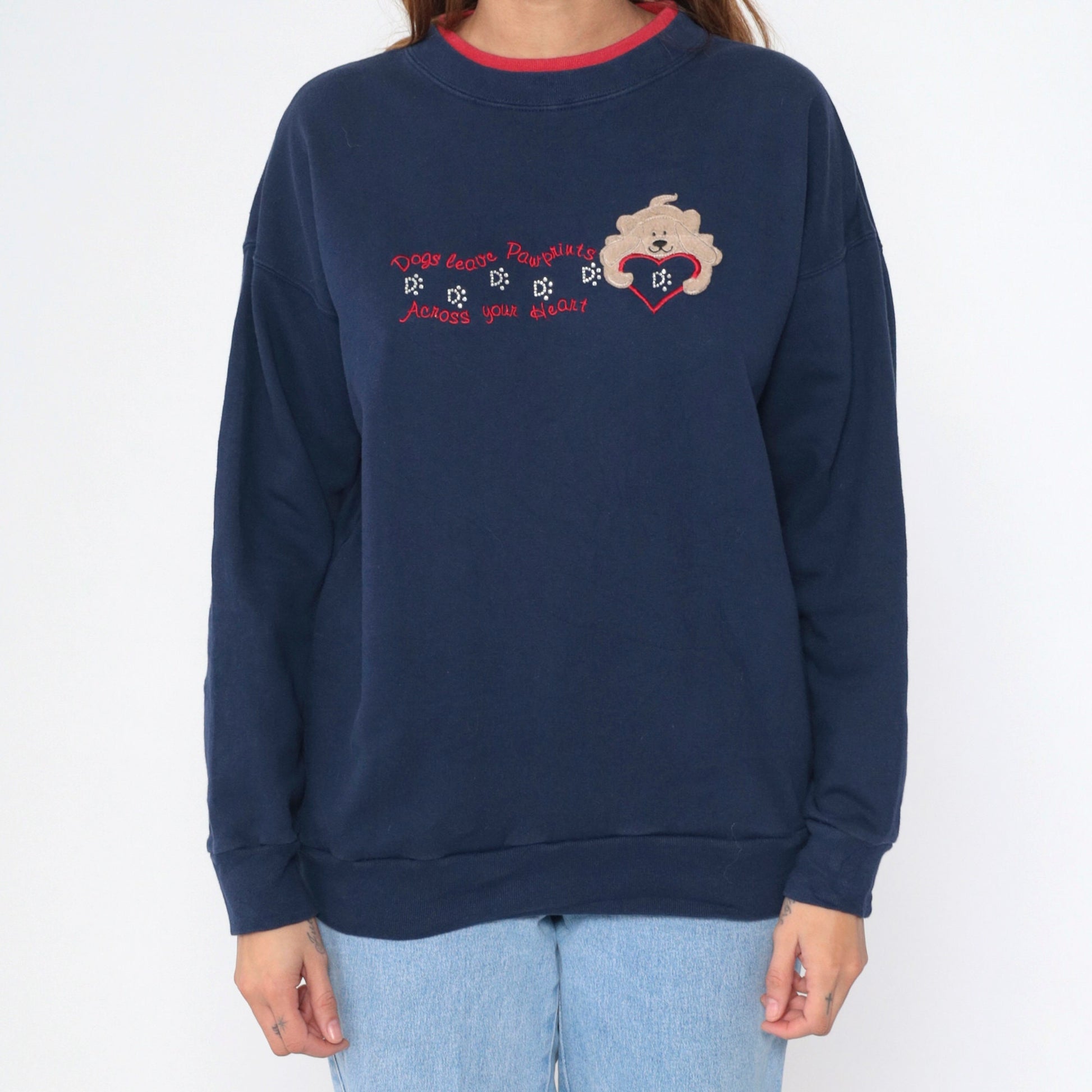 Y2K Dog Sweatshirt Navy Blue Rhinestone Embroidered Heart Pawprints Medium