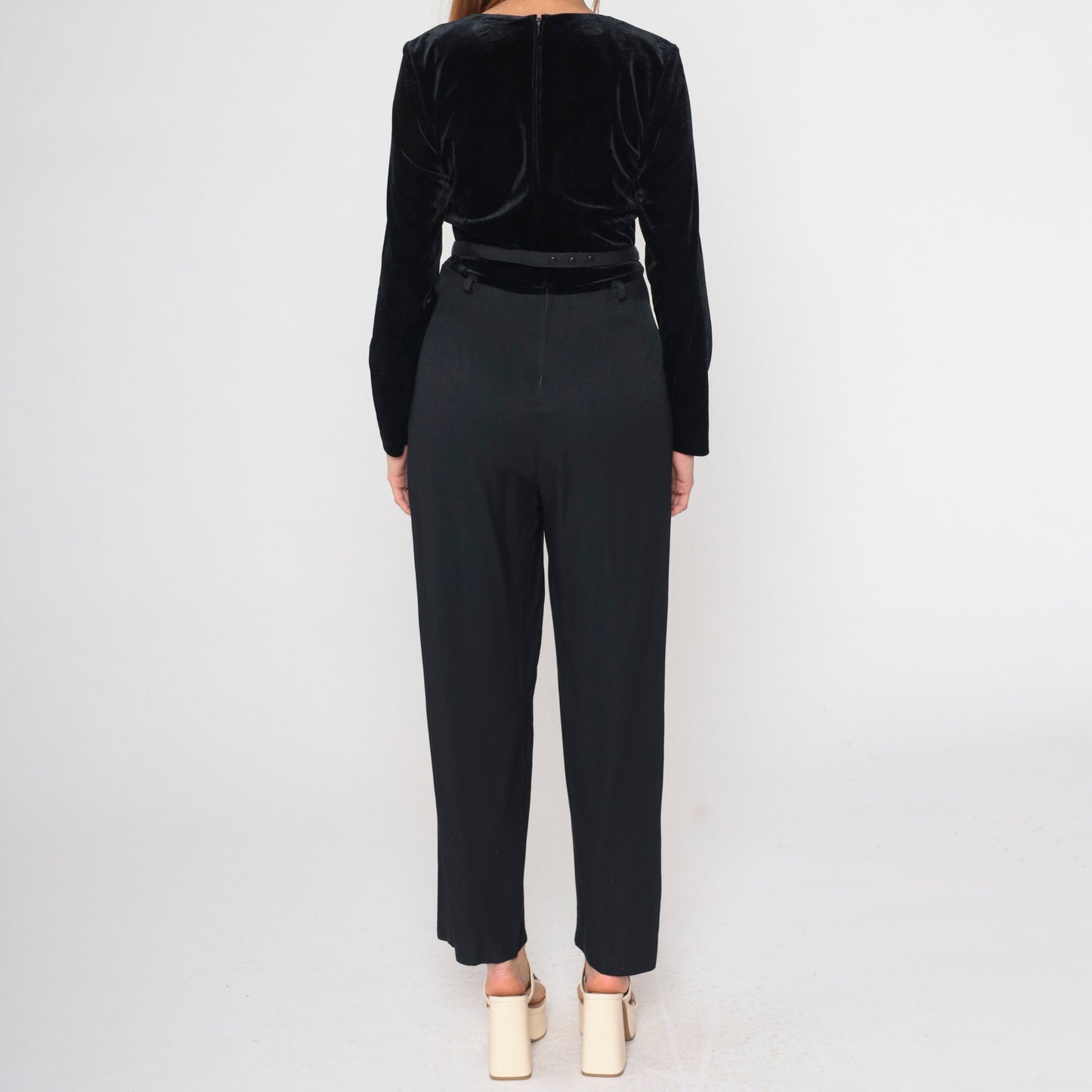 90s Black Velvet Jumpsuit Rhinestone Scoop Neck Tapered Long Sleeve Medium