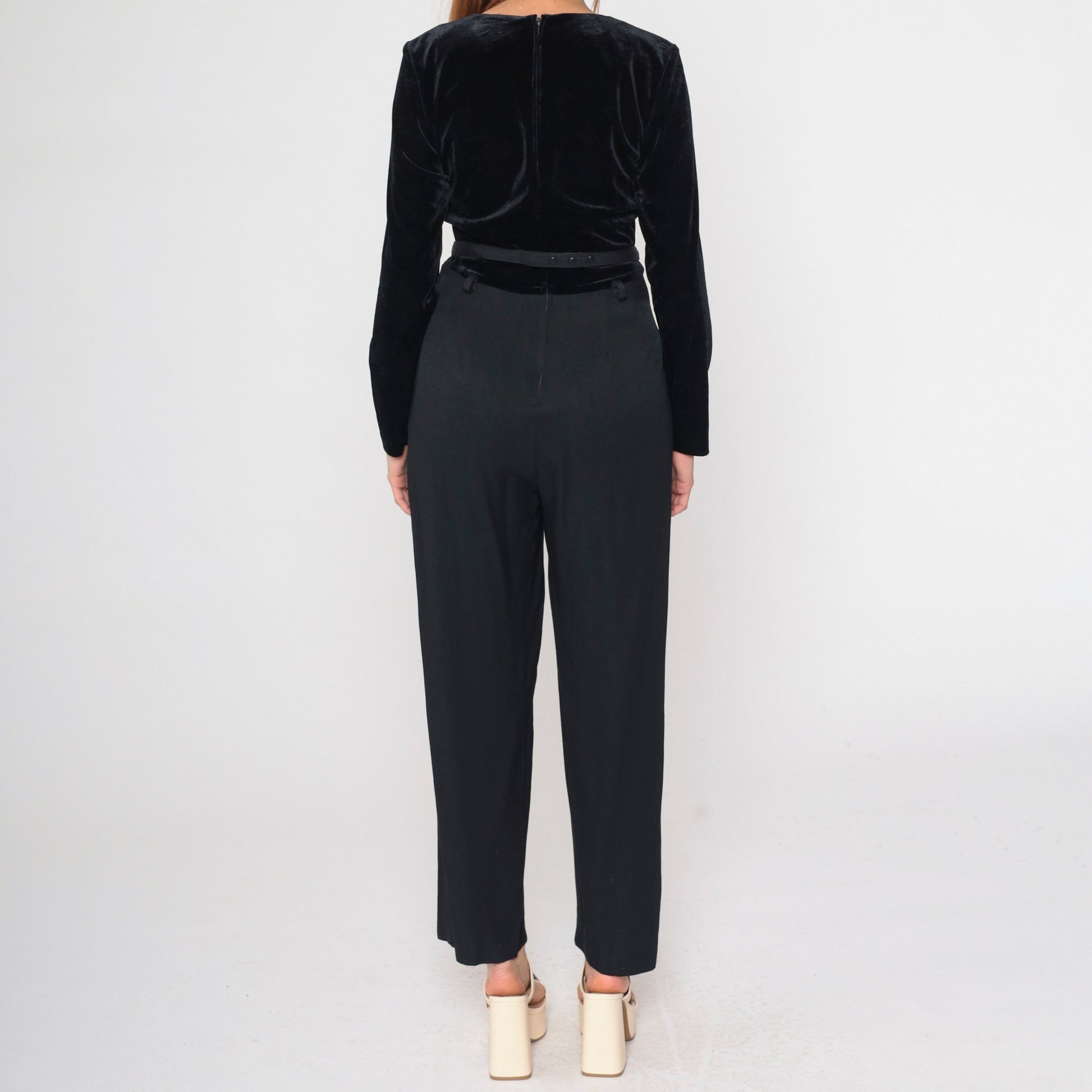 90s Black Velvet Jumpsuit Rhinestone Scoop Neck Tapered Long Sleeve Medium
