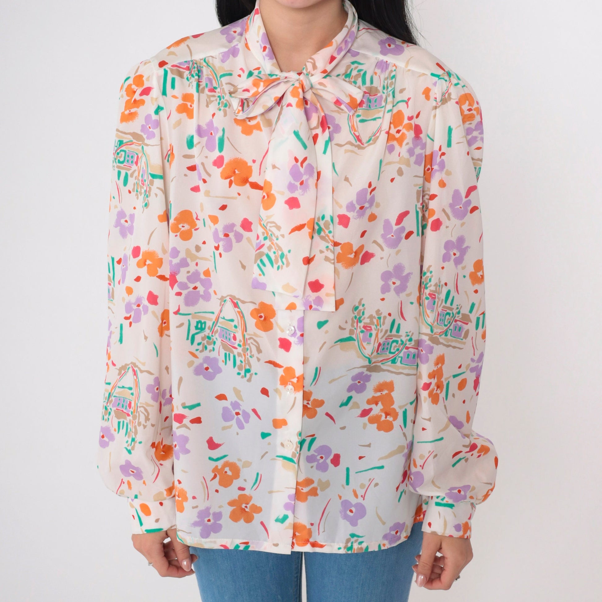 70s Floral Ascot Blouse Off-White Watercolor Print Puff Sleeve Button Up Medium Large