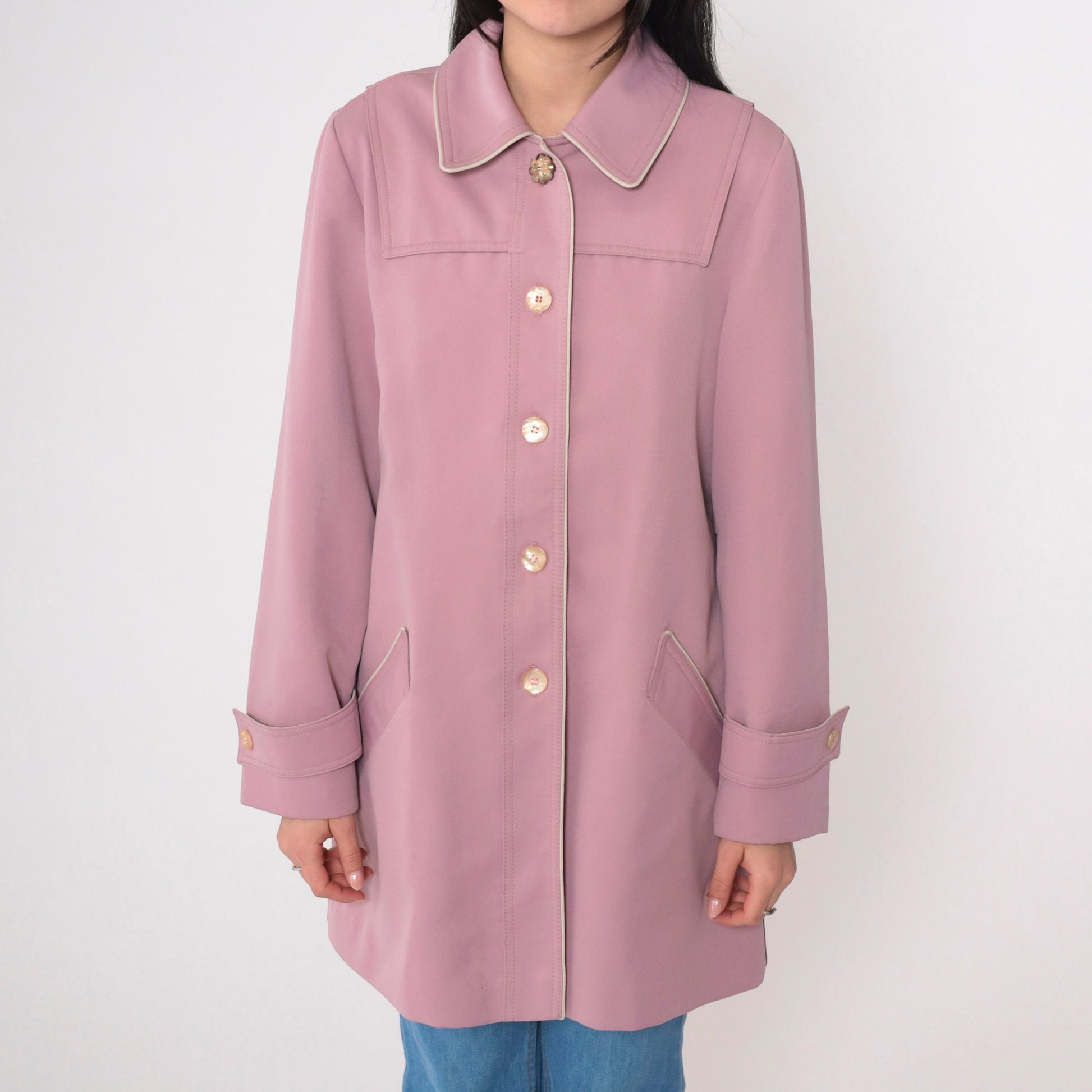 80s Mauve Button-Up Trench Coat Knee Length Extra Small XS