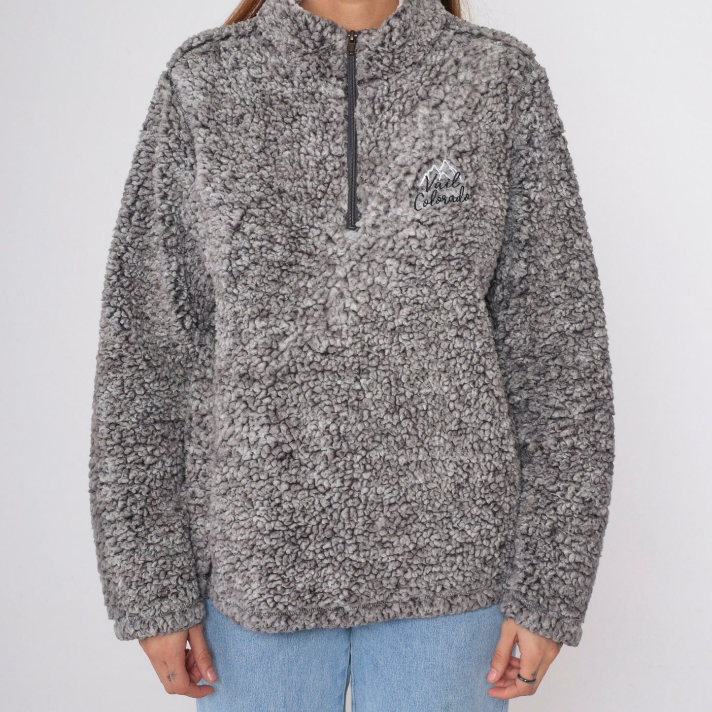 90s Vail Colorado Fleece Quarter Zip Mock Neck Sweatshirt Grey Large L