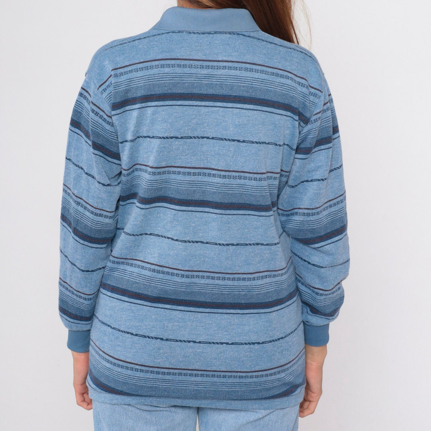 90s Blue Striped Long Sleeve Polo Shirt Men's Small