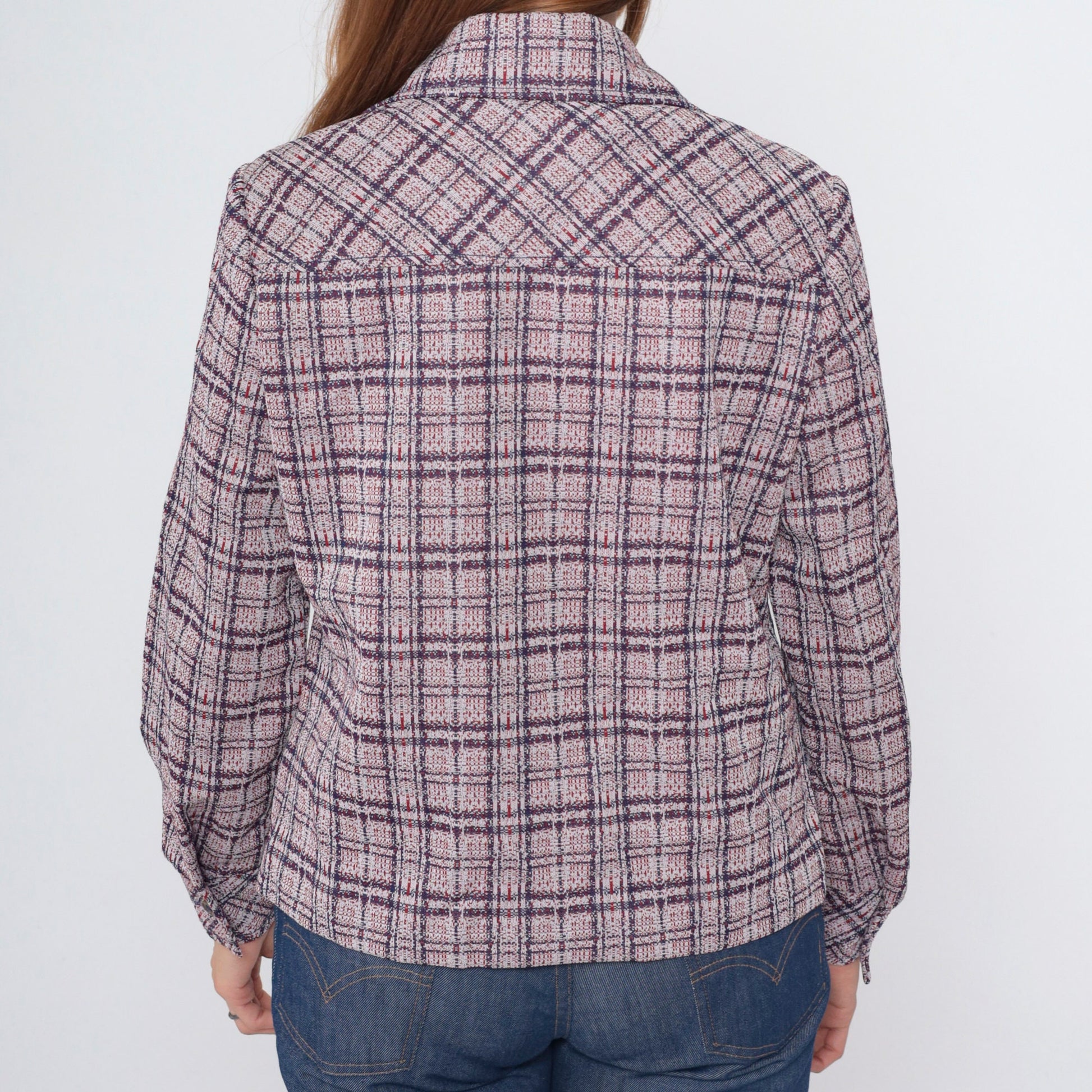 70s Act II Plaid Button-Up Shirt Red Blue Tartan Chest Pocket Medium