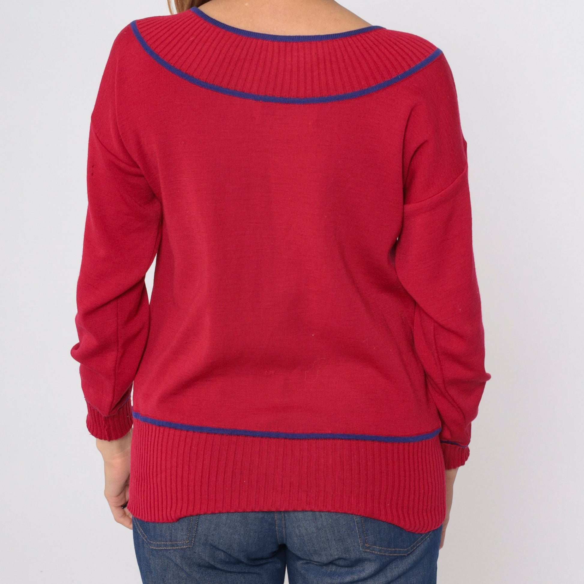 70s Goldworm Cherry Red Wool Sweater Blue Ringer Neck Pullover Small