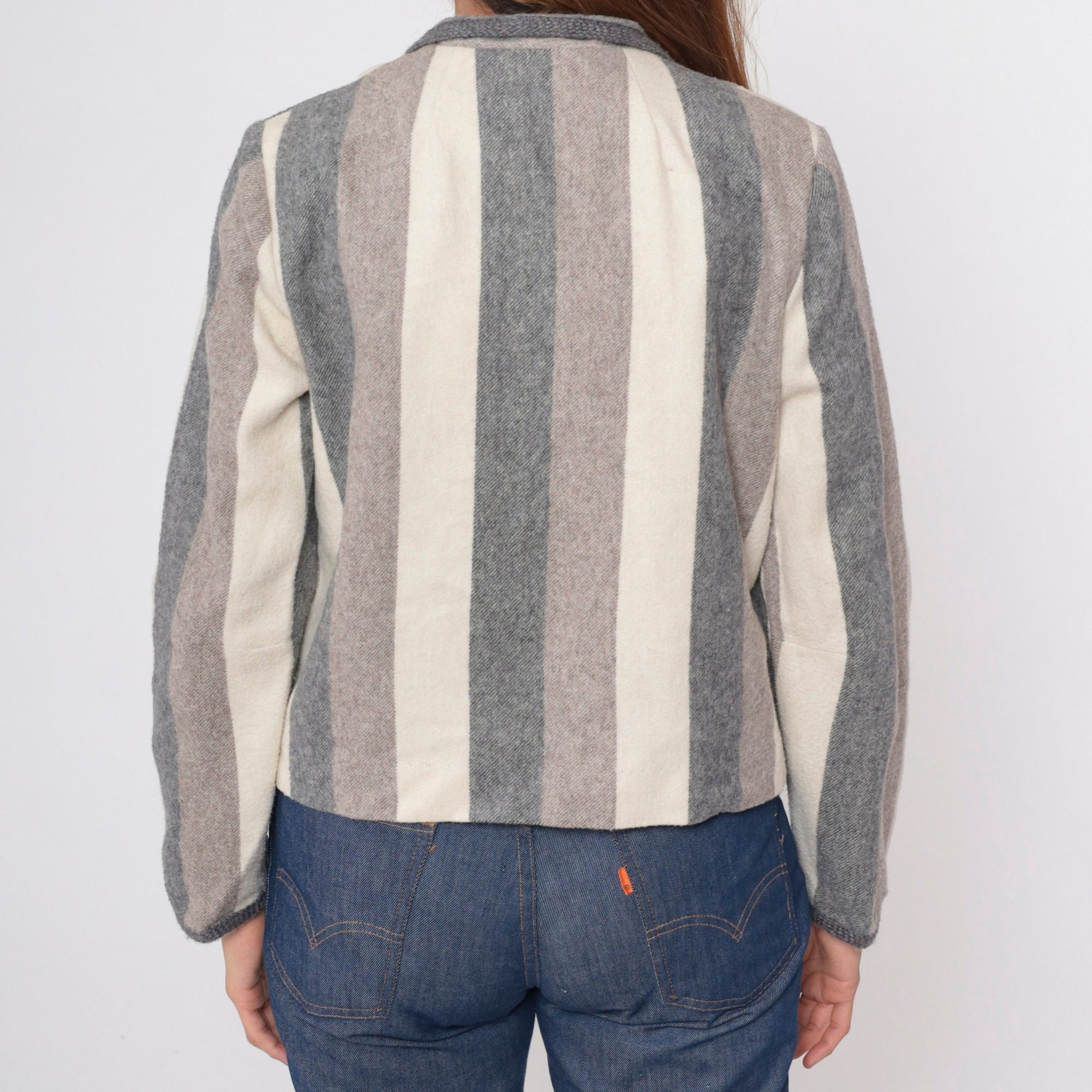 80s Striped Wool Blend Blazer Open Front Jacket Grey Brown Cream Small Medium