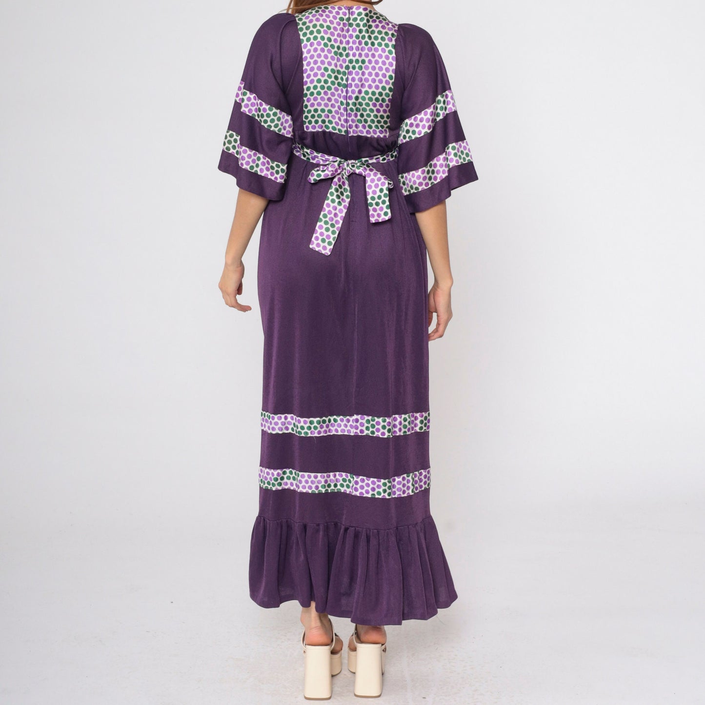 70s Deep Purple Polka Dot Maxi Dress Wide Sleeve Empire Waist Small
