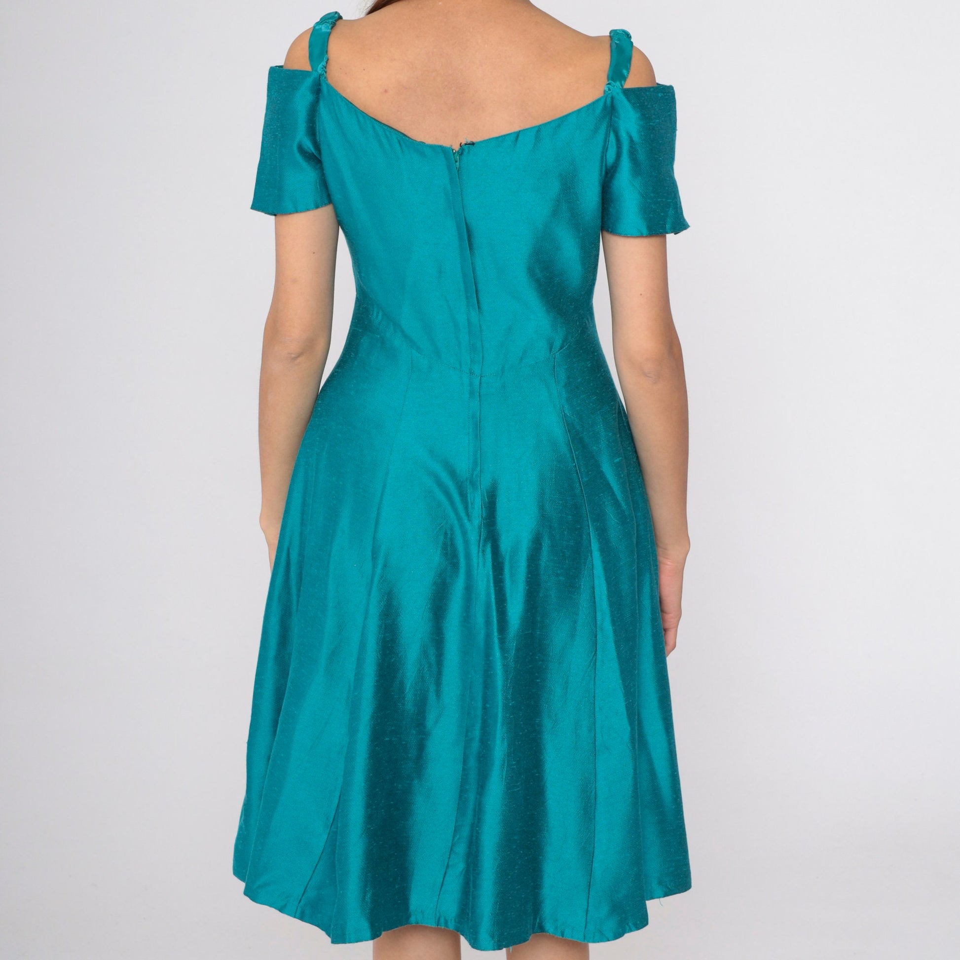 80s Teal Off-Shoulder Midi Dress Rhinestone A-Line Empire Waist Small