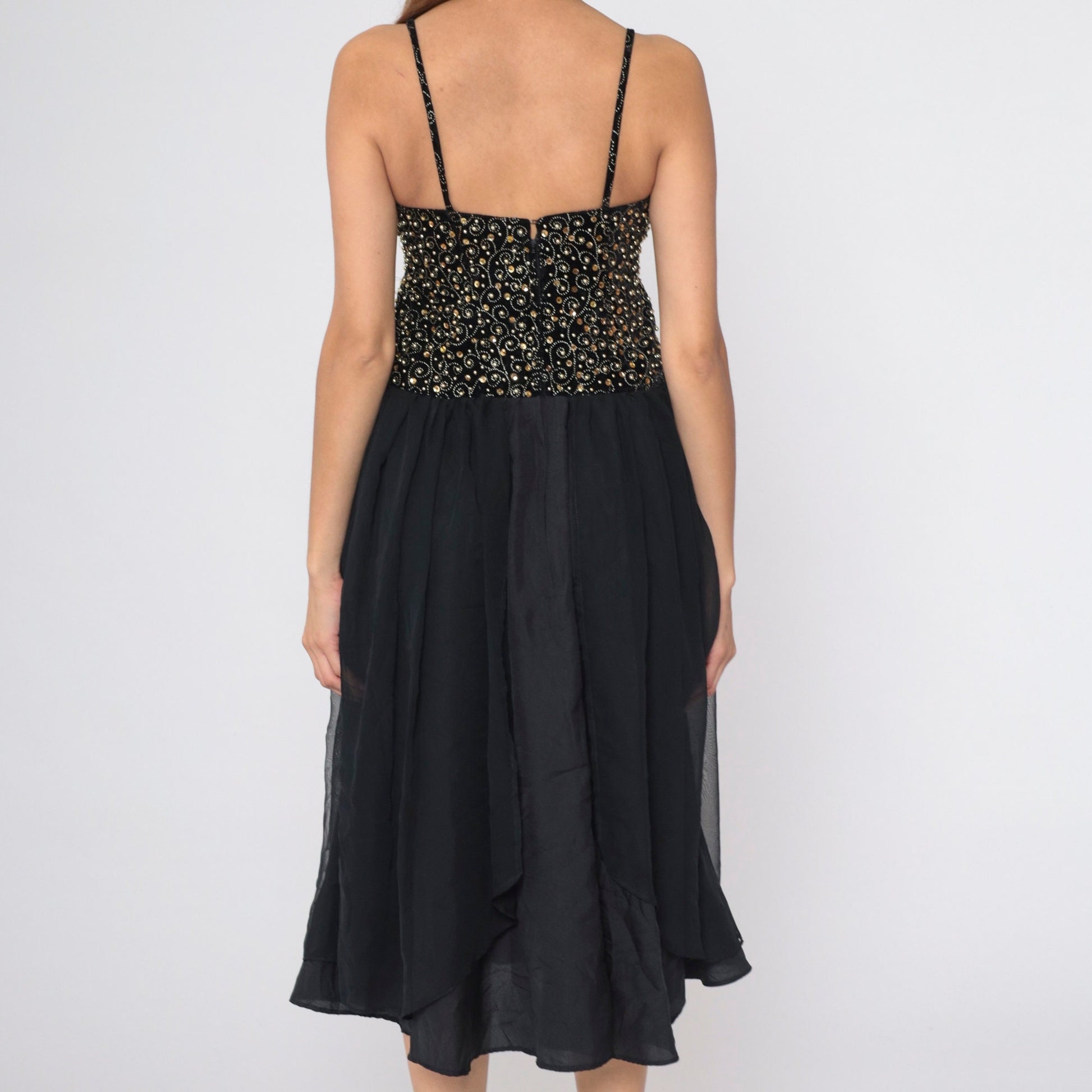 80s Black Velvet Beaded Chiffon Midi Dress Gold Sequins Spaghetti Strap Small