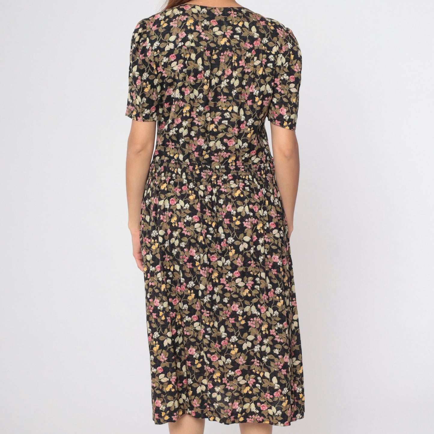 80s Floral Button-Up Midi Dress Black Olive Pink Puff Sleeve Smocked Small