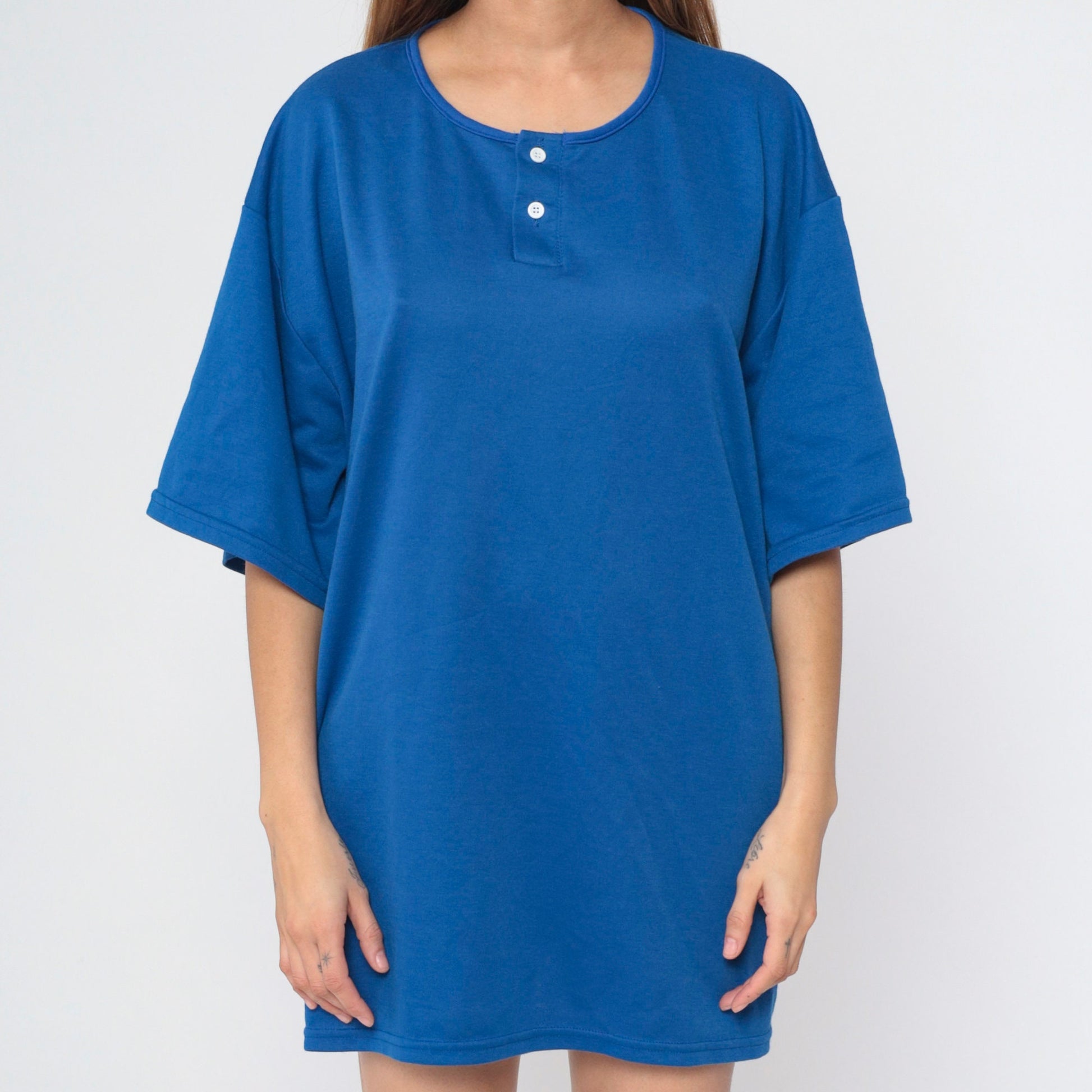 90s Royal Blue Henley T-Shirt Plus Size XXL Vintage Button Neck Tee