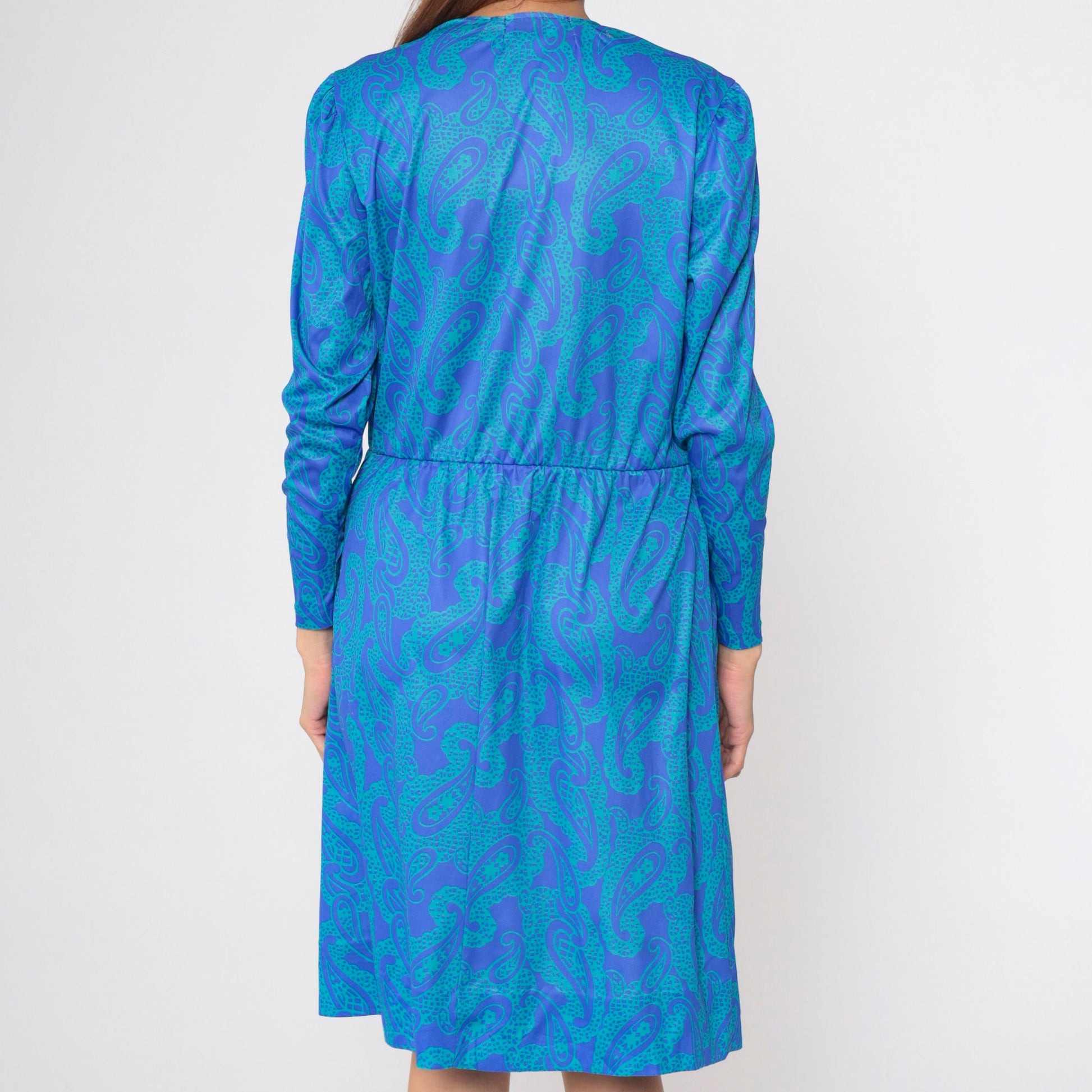 90s Blair Paisley Faux Wrap Midi Dress Puff Sleeve V-Neck Blue Green Large