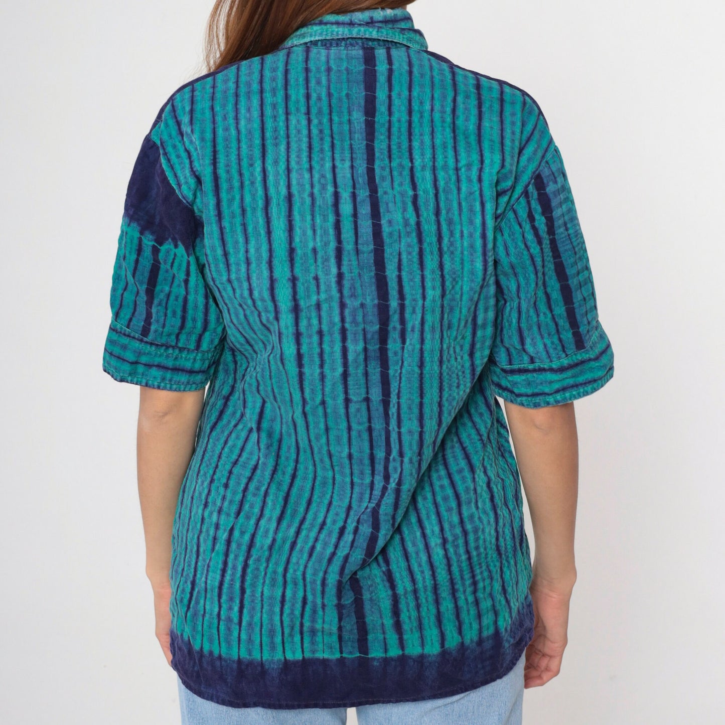 90s Ikat Striped Button-Up Shirt Green Indigo Oxford Short Sleeve Small