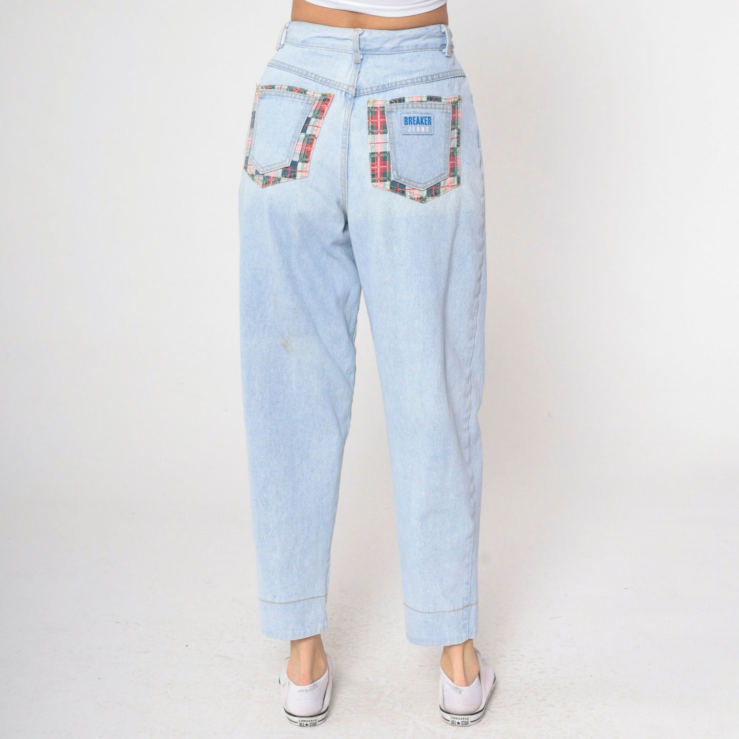 90s Breaker Jeans Light Blue Patchwork Plaid High Rise Mom Jeans Small 29