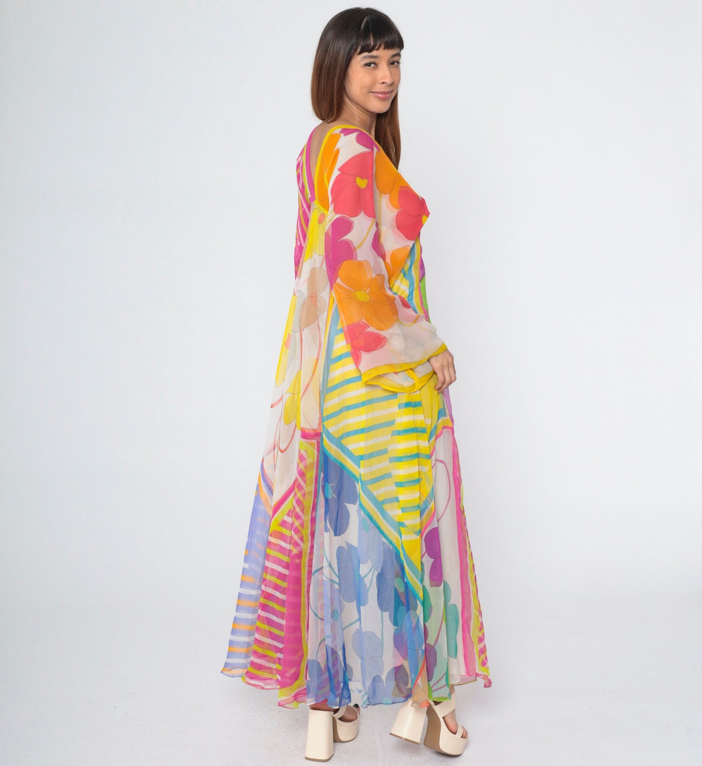 70s La Vetta Beverly Hills Floral Maxi Dress Deep V Empire Waist Kimono Sleeve Small