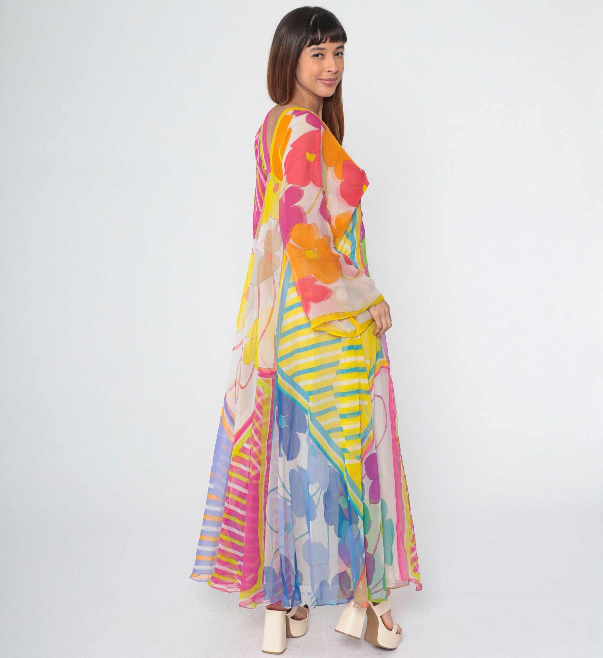 70s La Vetta Beverly Hills Floral Maxi Dress Deep V Empire Waist Kimono Sleeve Small