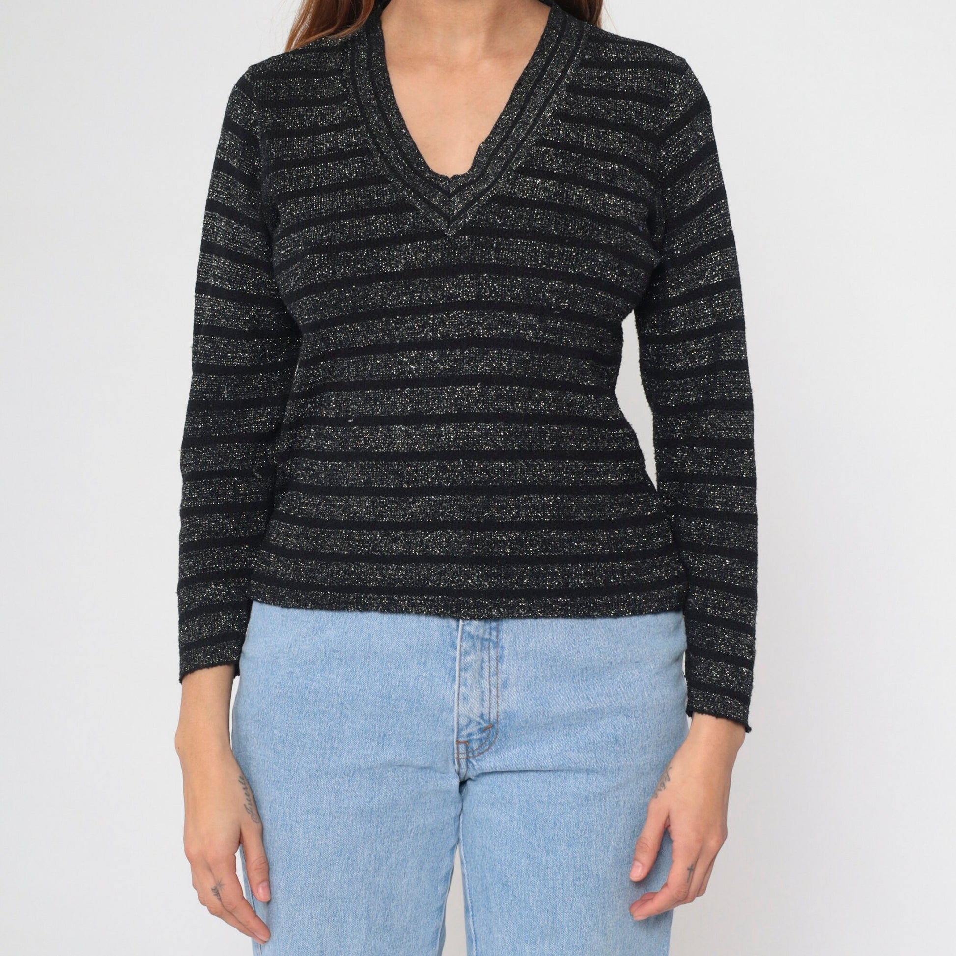 70s Metallic Striped Knit Sweater Silver Black V-Neck Pullover Small S