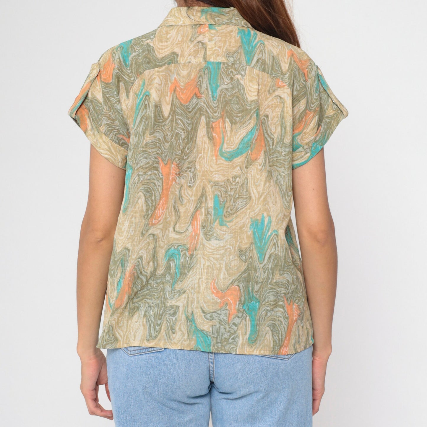 90s Marble Print Button Up Shirt Psychedelic Turquoise Tan Orange Large