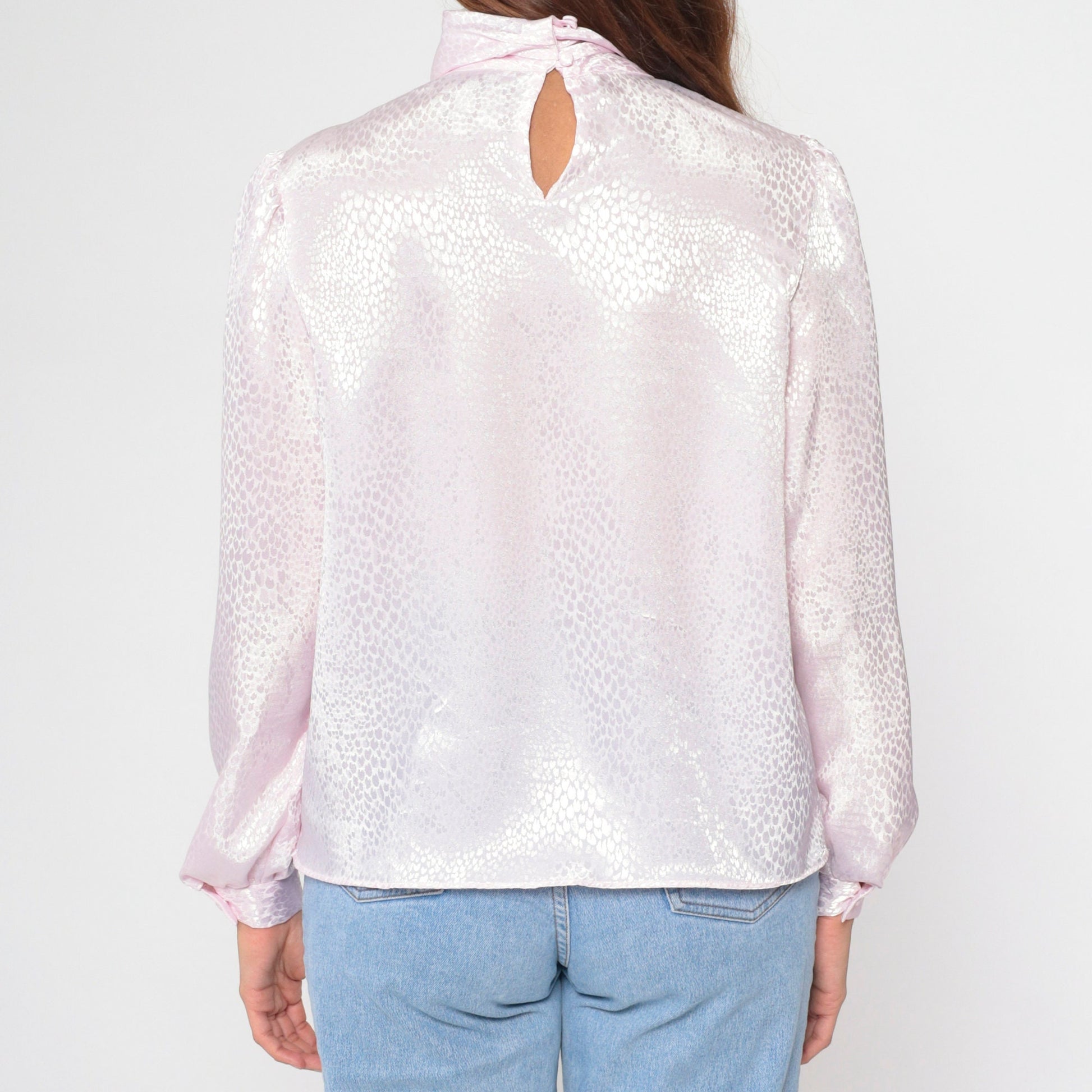 80s Grand Design Baby Pink Embossed Snakeskin Turtleneck Puff Sleeve Blouse Large