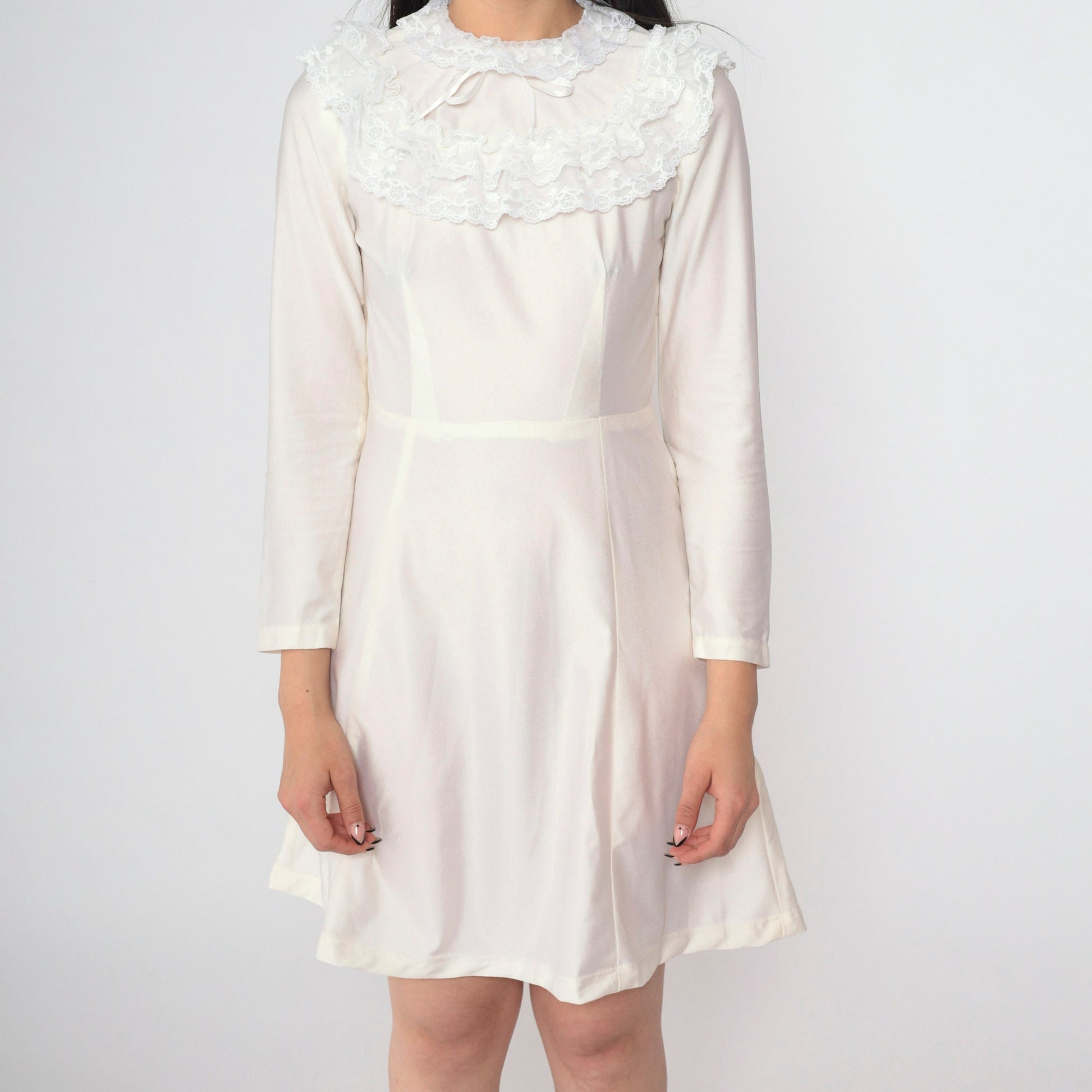 70s White Lace Dress Ruffled Collar Long Sleeve High Waist Mini Extra Small