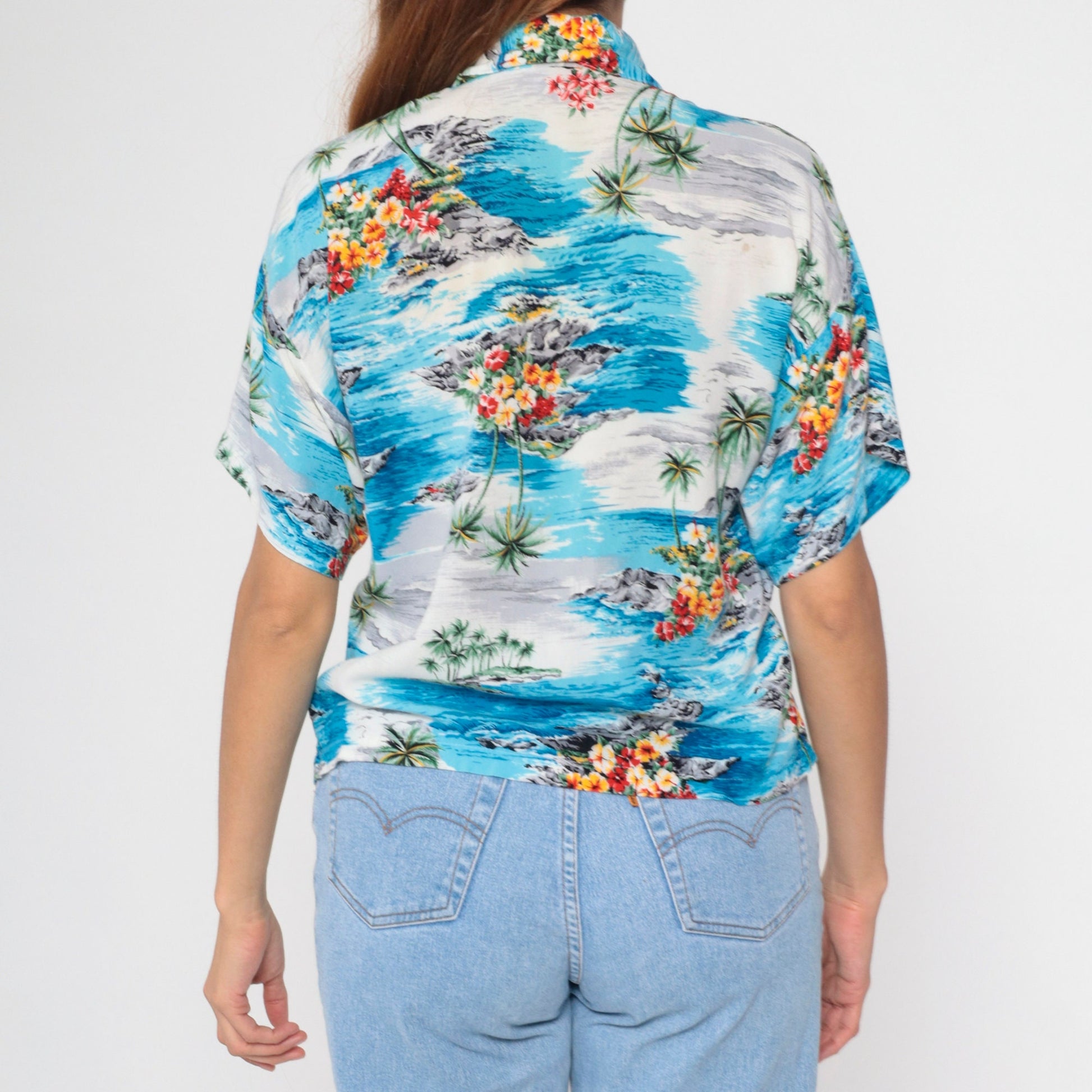 90s Hawaiian Shirt Palm Tree Tropical Print Blue Grey Button Up Medium