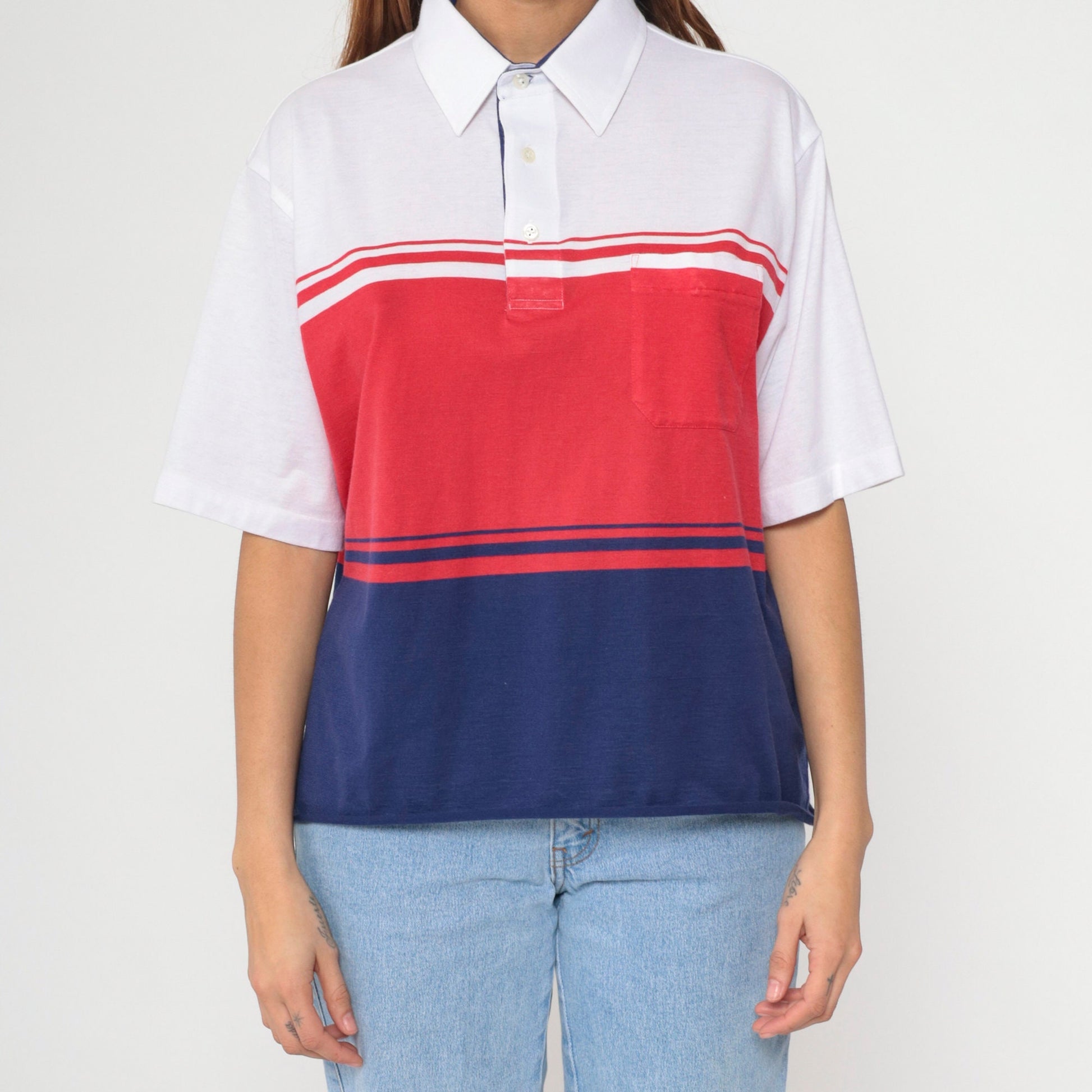 90s Polo Shirt Navy Red White Color Block Short Sleeve Chest Pocket Extra Large XL