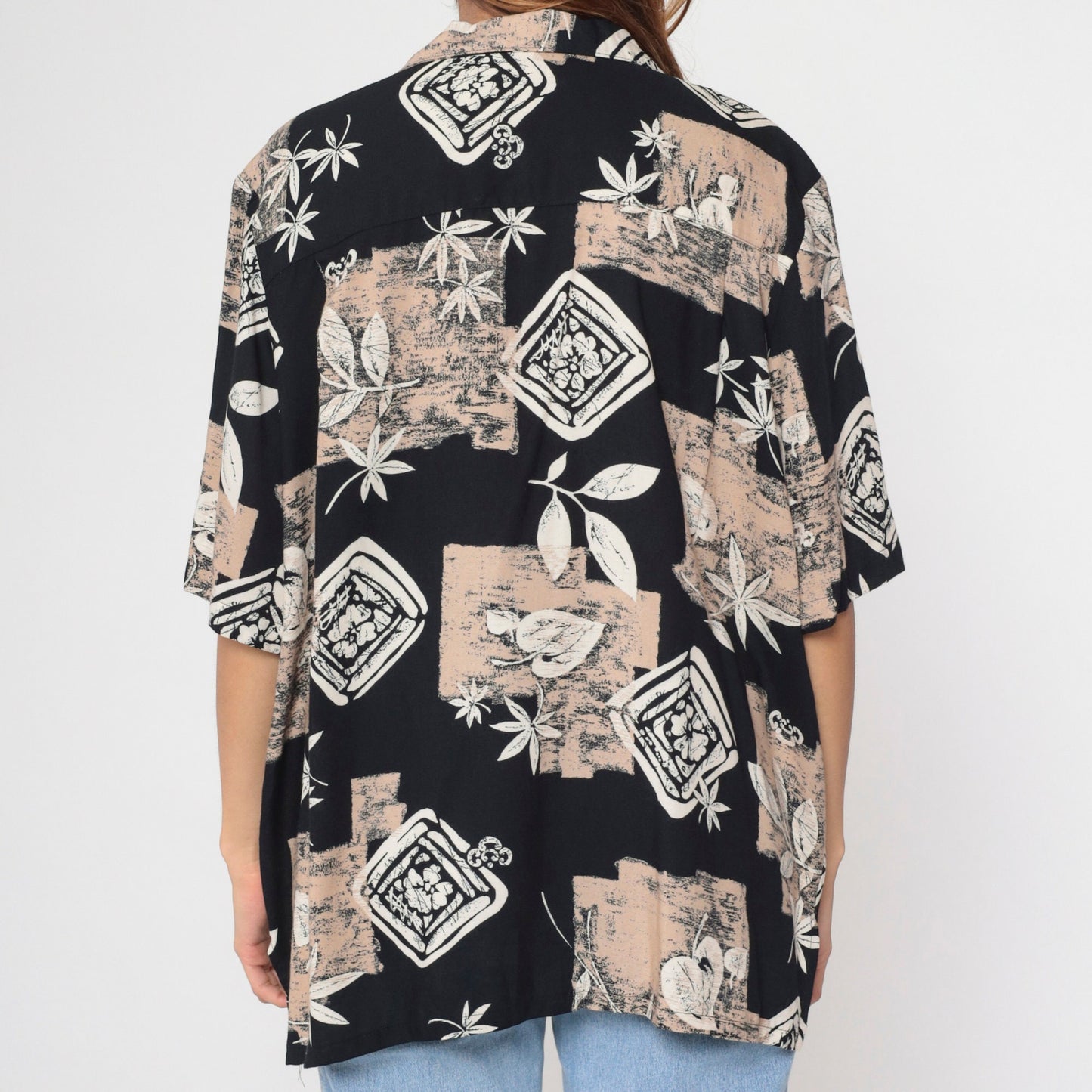 90s Alfred Dunner Button Up Blouse Leaf Floral Print Black Tan XXL